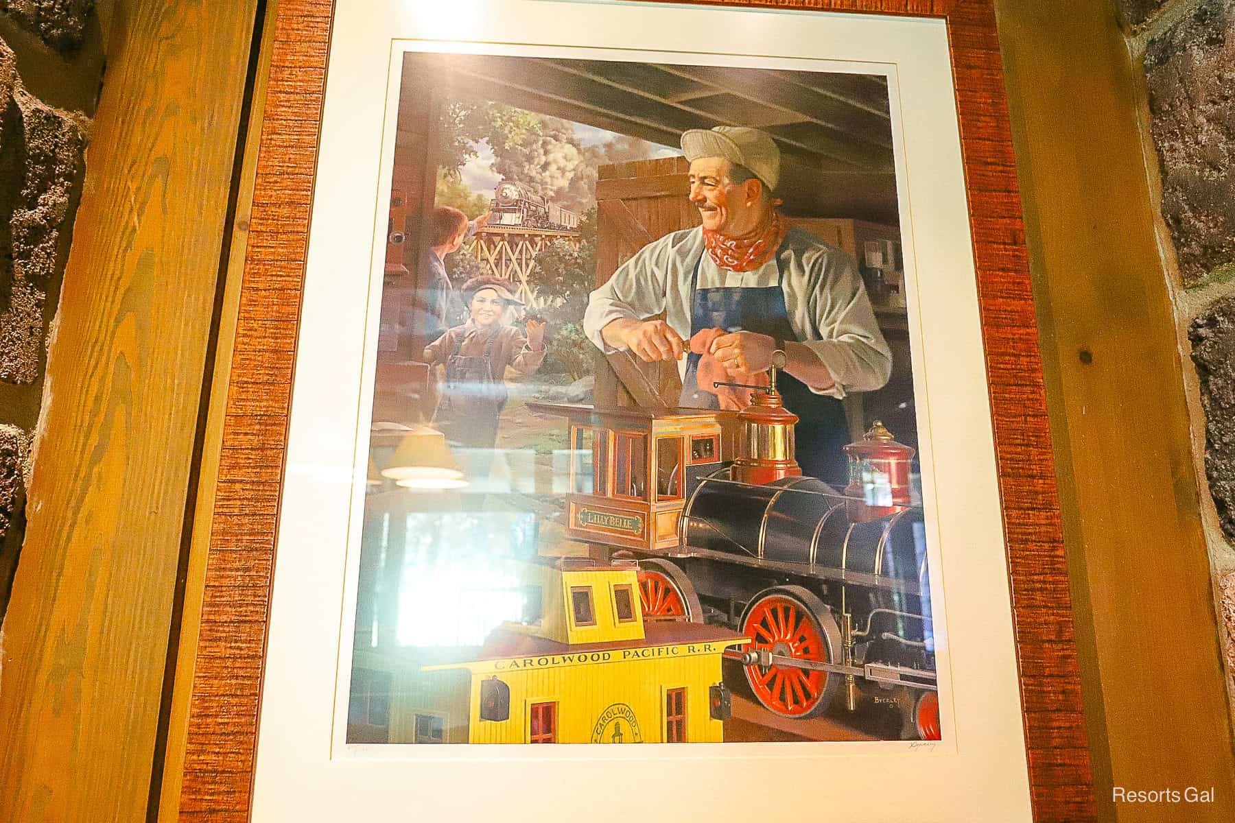 a painting of Walt Disney in his Barn working on trains 