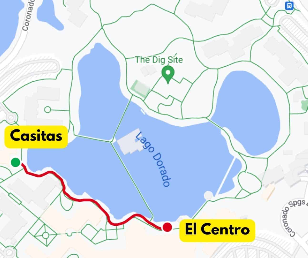a map that shows the walking distances between the Casitas and El Centro 