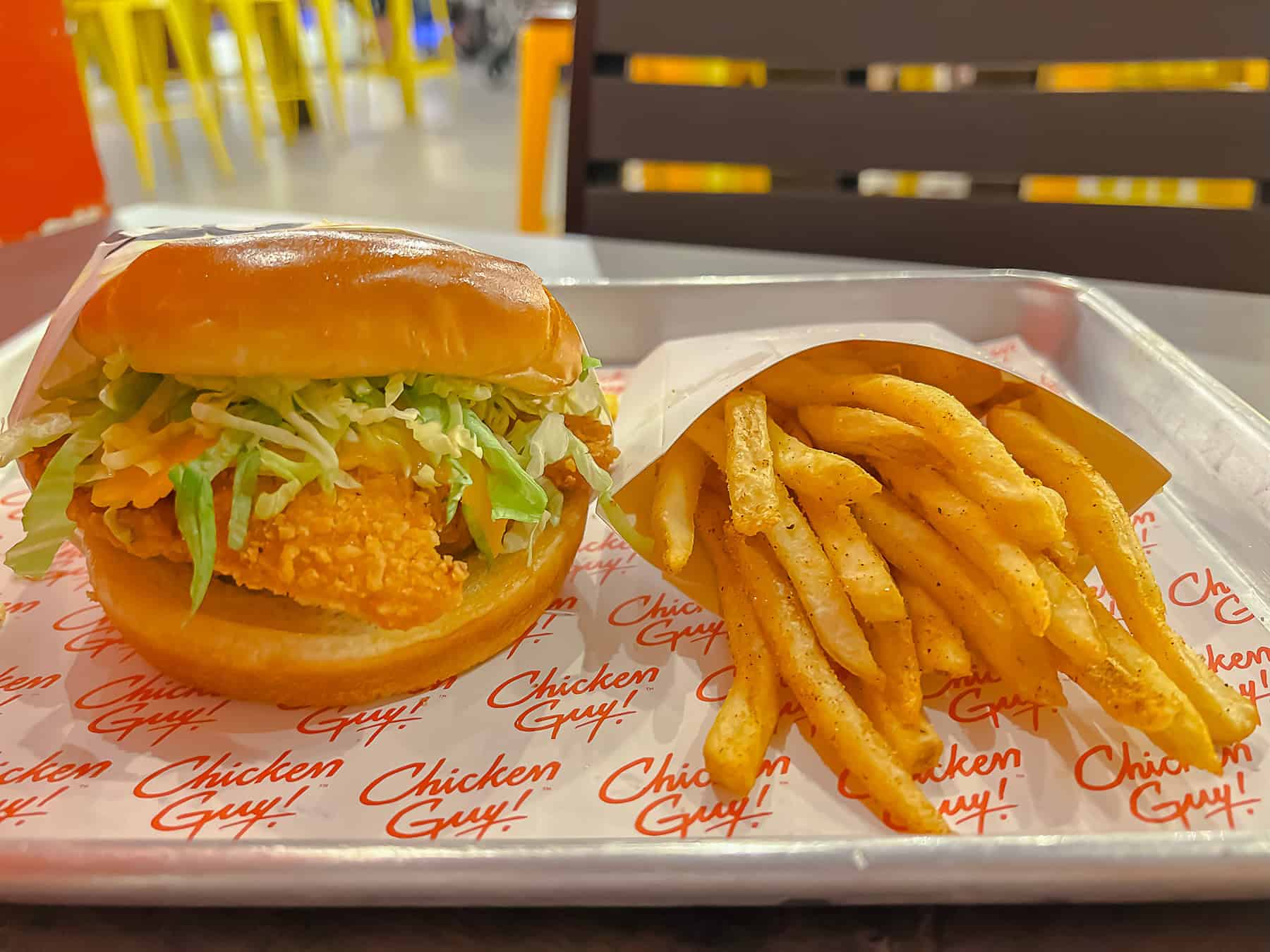 a meal with a chicken sandwich and fries at Disney World 