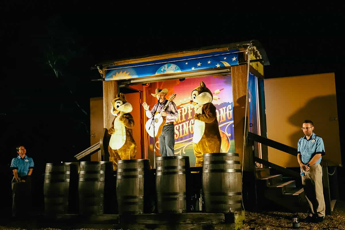 Chip and Dale standing on the stage at the Campfire Sing Along 