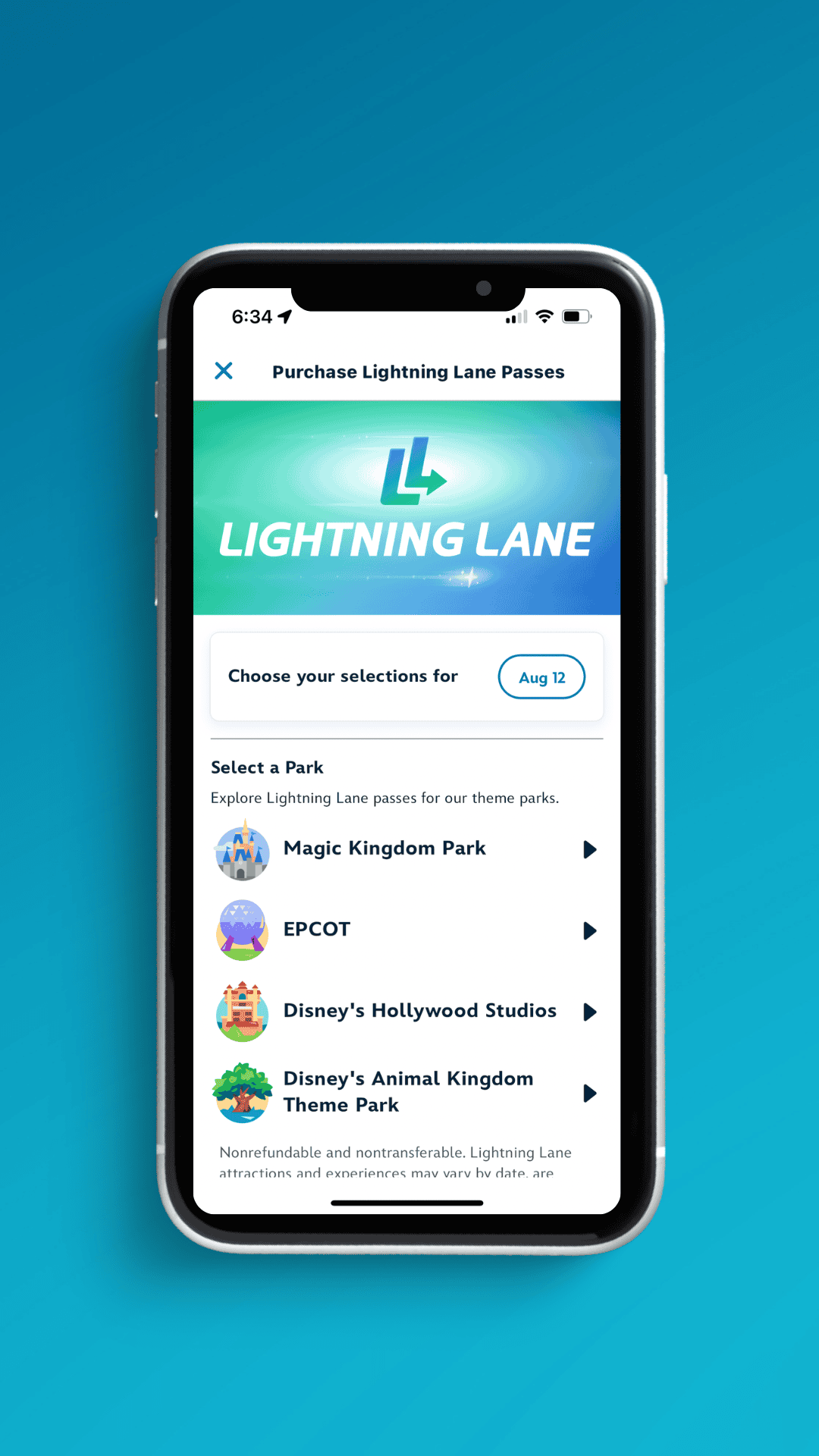 Choose your park screen for Lightning Lane in the My Disney Experience app 