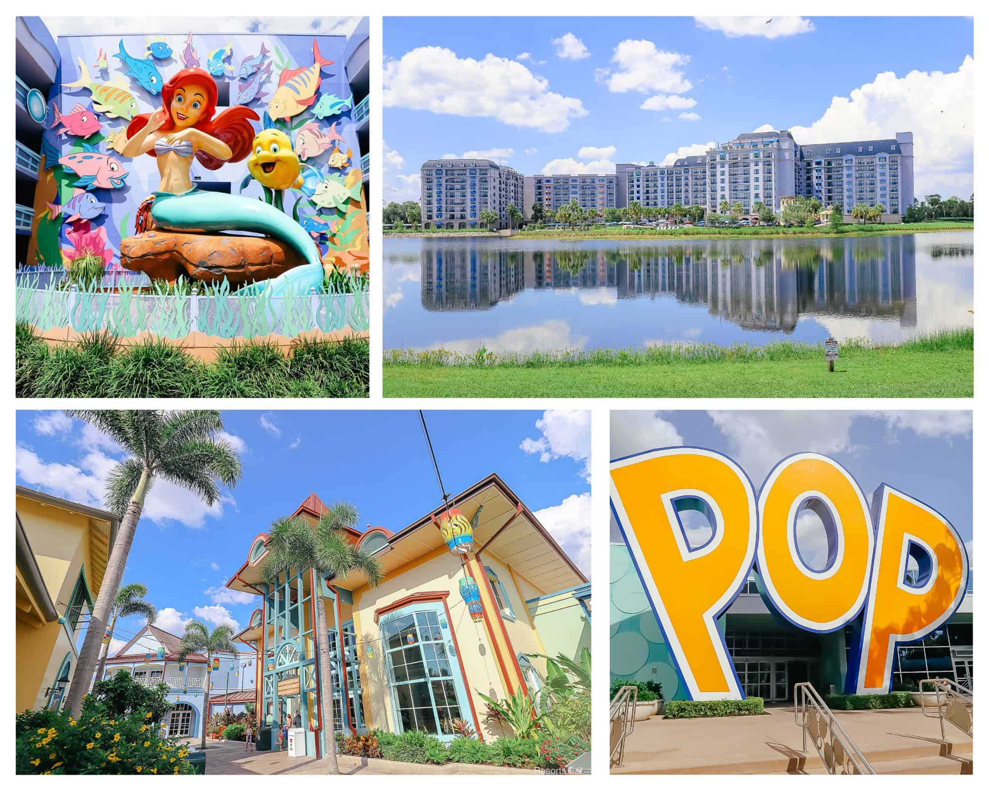 a collage with resorts located on the Disney Skyliner 