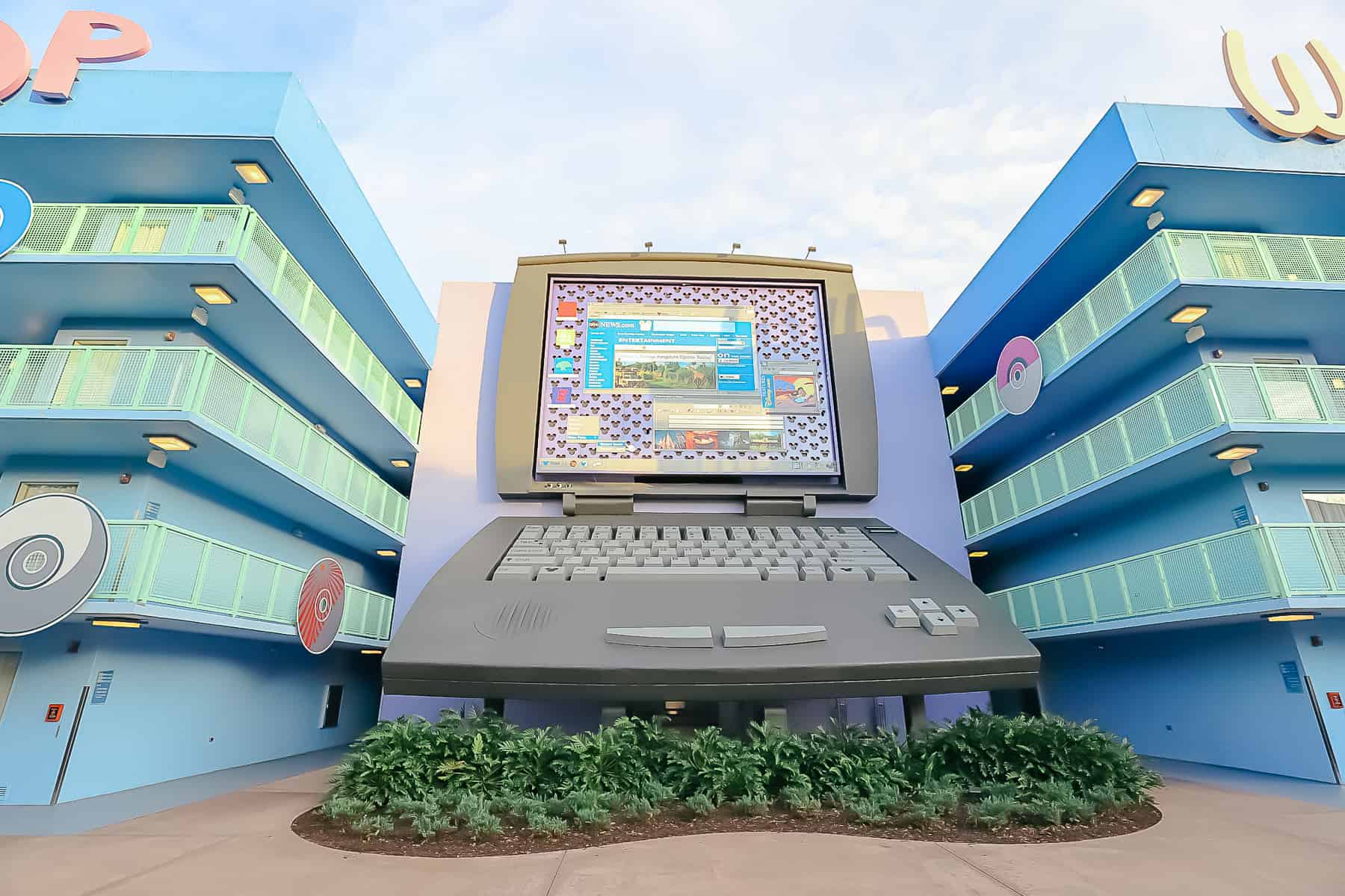 A giant faux laptop sits at the back of the Computer Pool at Pop Century. 