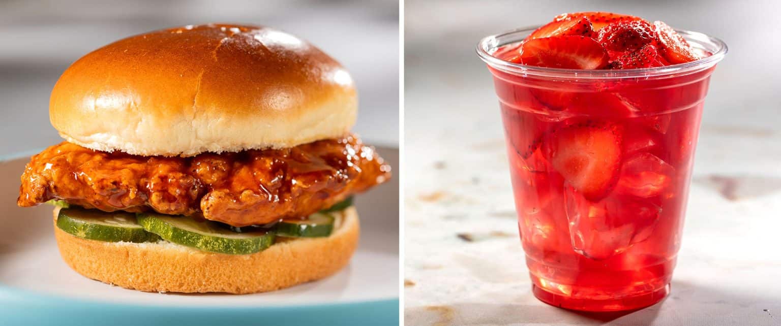 collage of BBQ Chicken Sandwich and Blackberry Caipiroska for Epcot Festival 