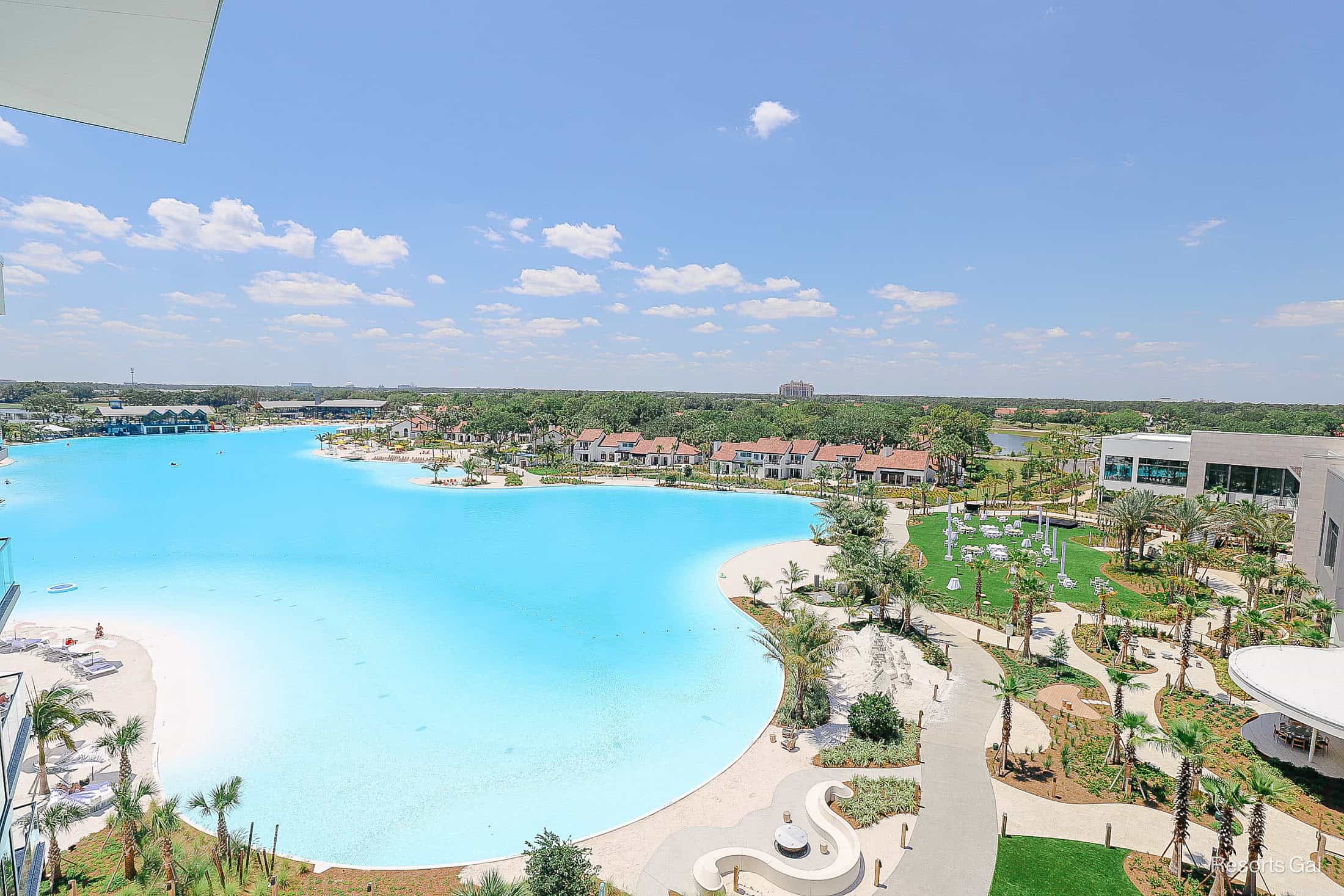 a view of the Walt Disney World skyline from a room balcony at the Conrad Hotel 