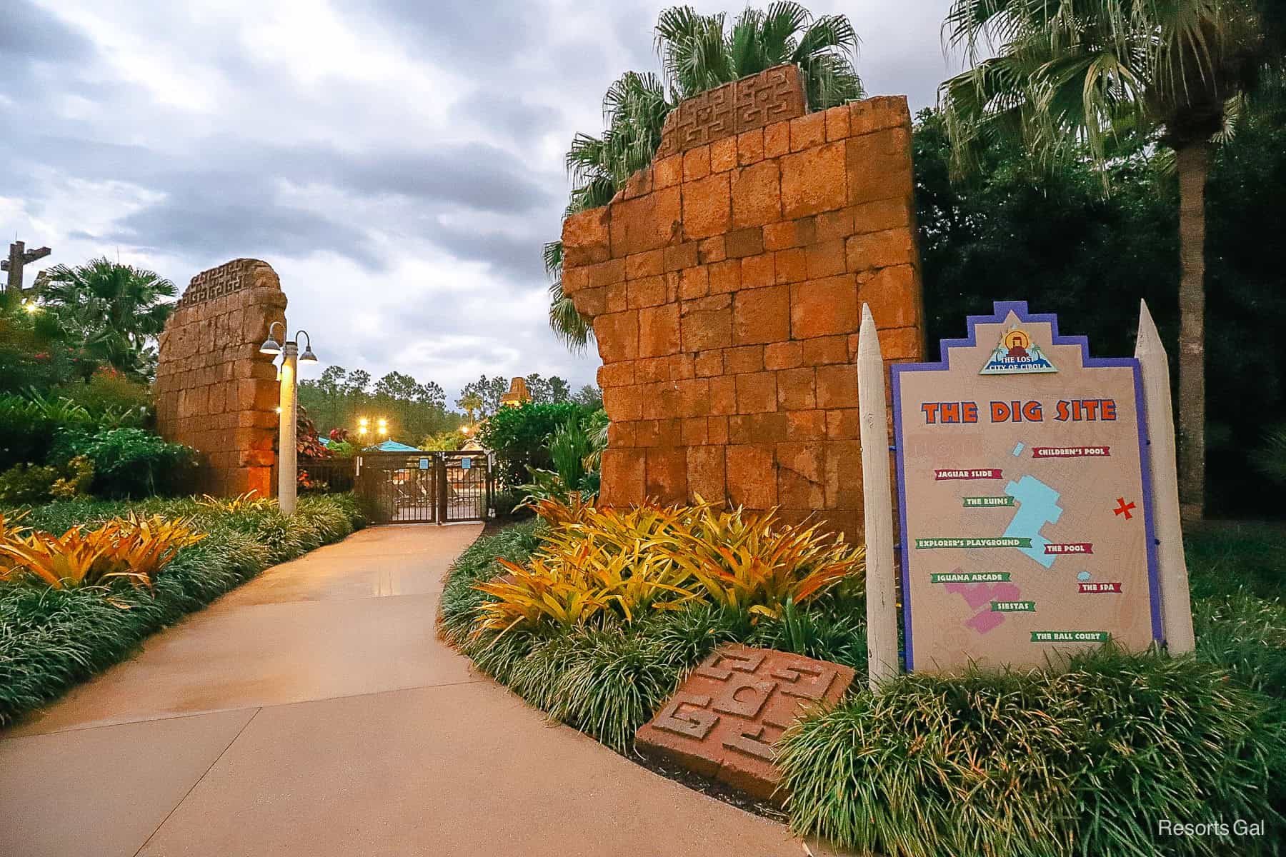 the Dig Site entrance at sunset at Coronado Springs 
