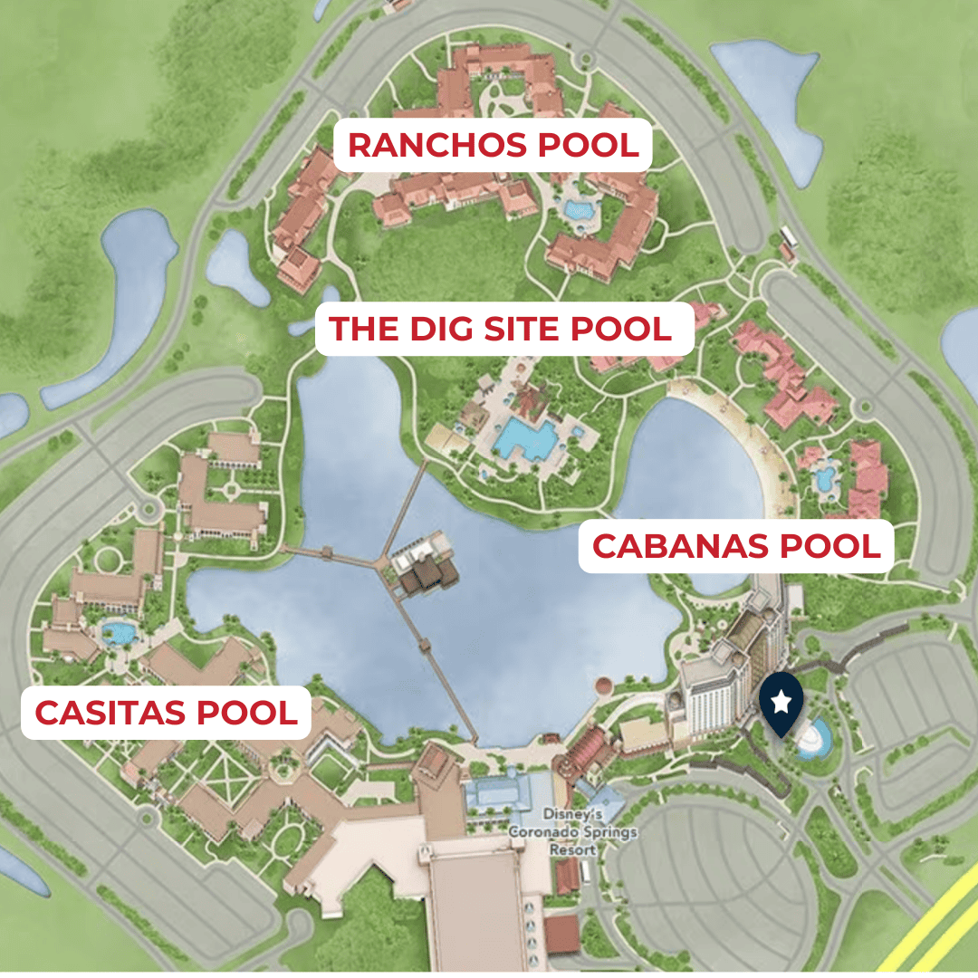 map that shows the location of the four pools at Coronado Springs Resort 
