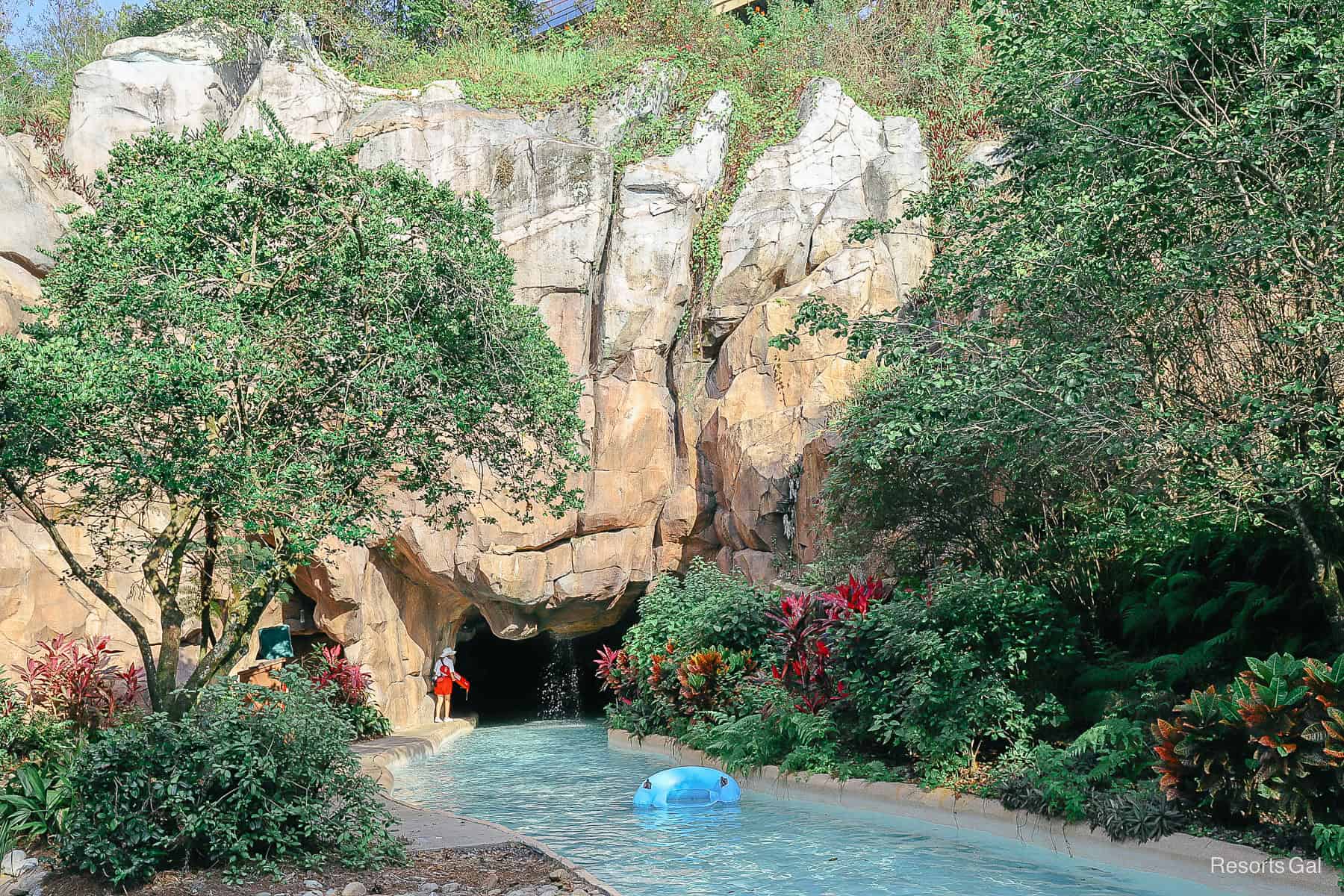 A view of a lifeguard at the lazy river's cave exit. 