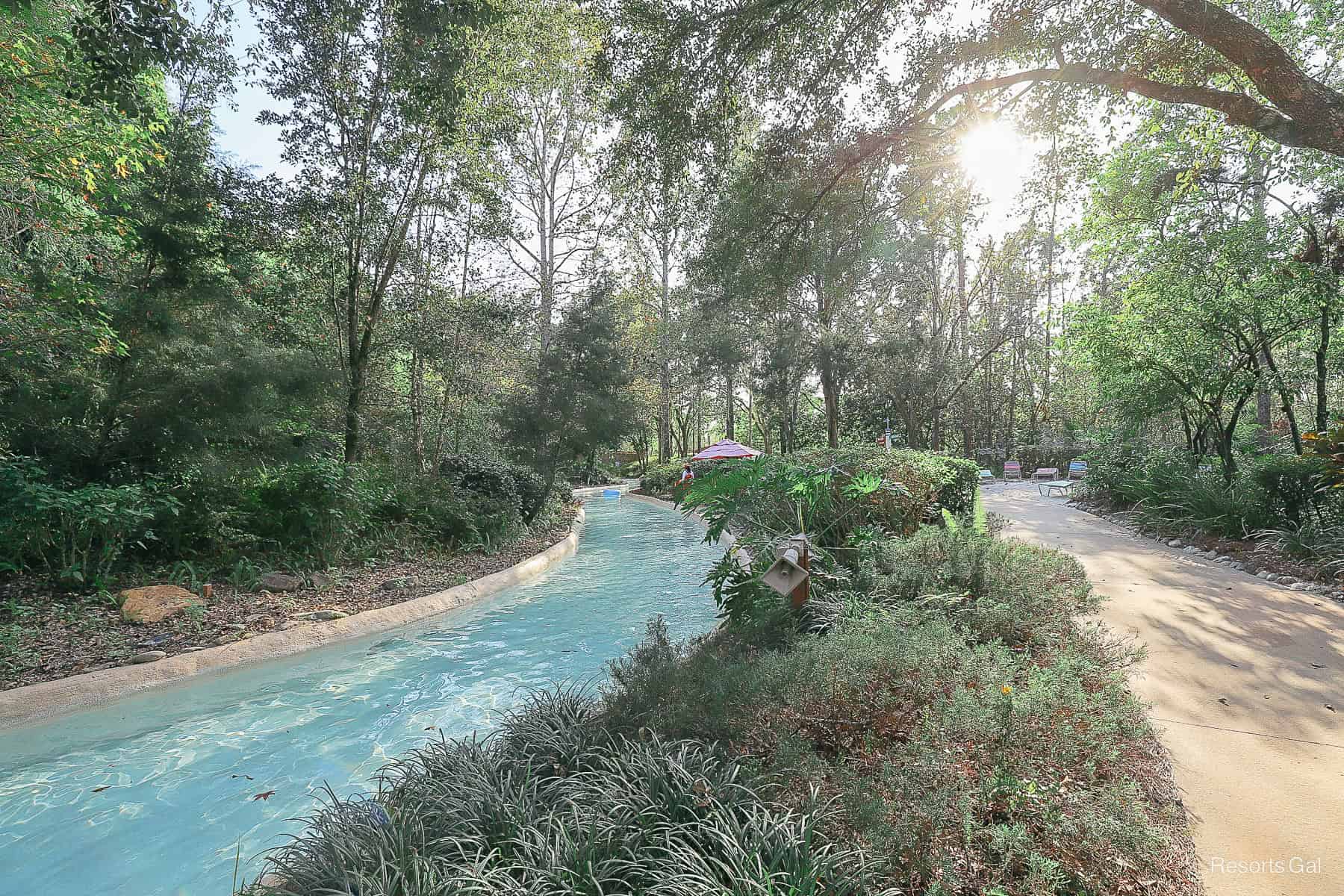 The lazy river with a parallel walkway at the back of Disney's Blizzard Beach. 