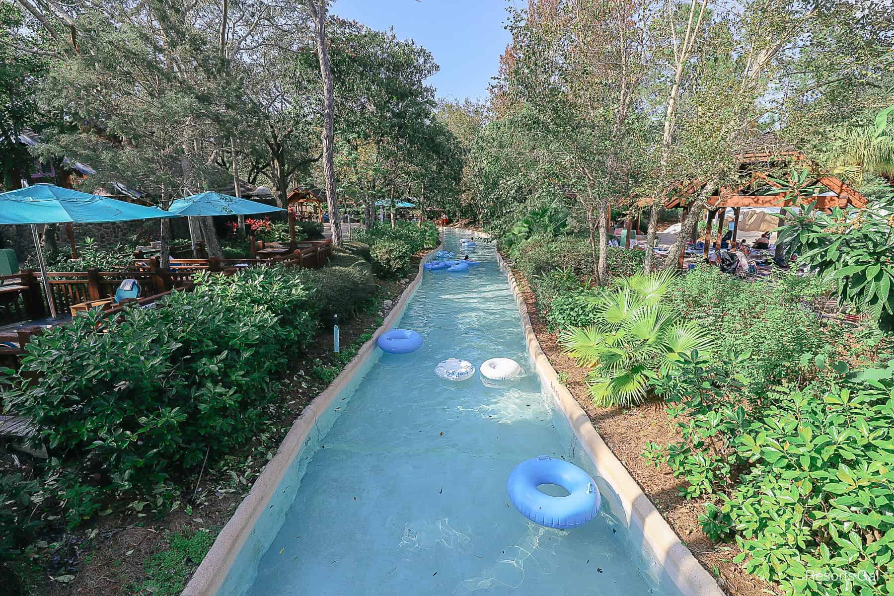 Shows a long section of Cross Country Creek from above it with inner tubes. 