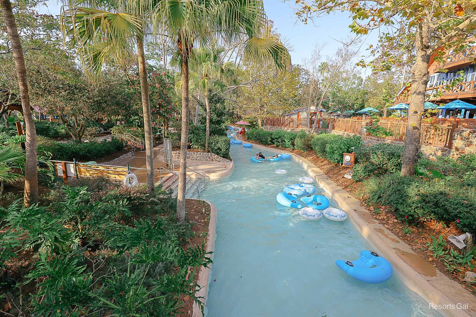 A view of the lazy river at Blizzard Beach as seen from a bridge over it. 