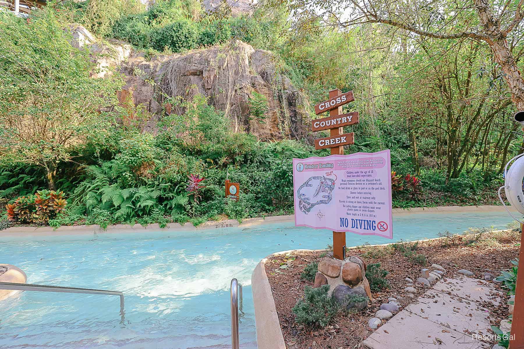 The signage for Reindeer Landing at Blizzard Beach's lazy river. 