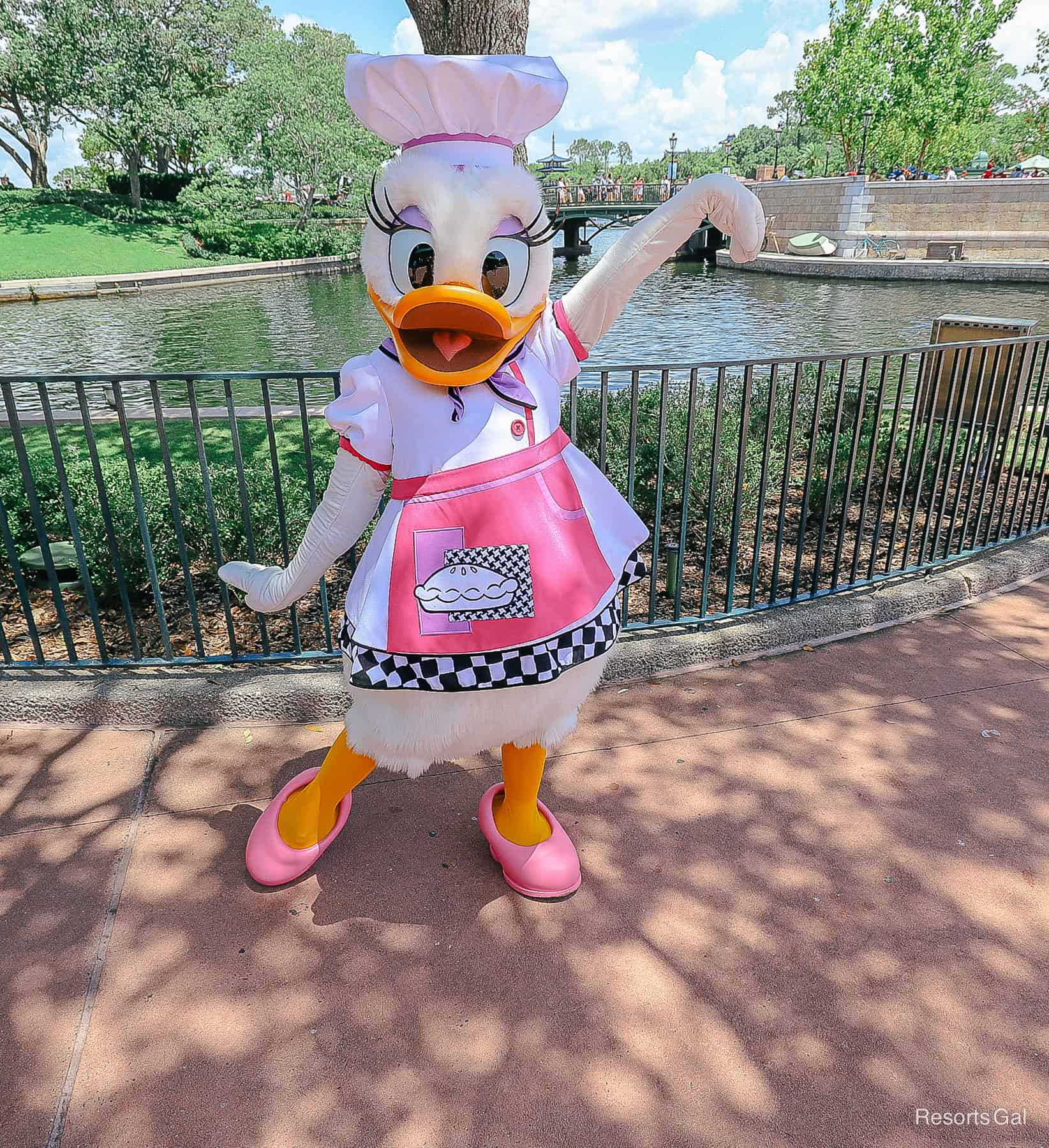 Daisy poses in her pink apron with checked trim 