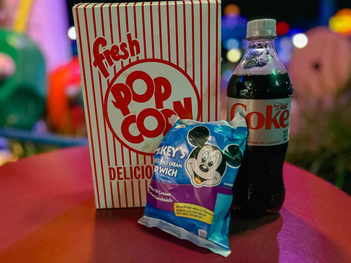 a popcorn, ice cream sandwich and bottled soda at Disney After Hours 