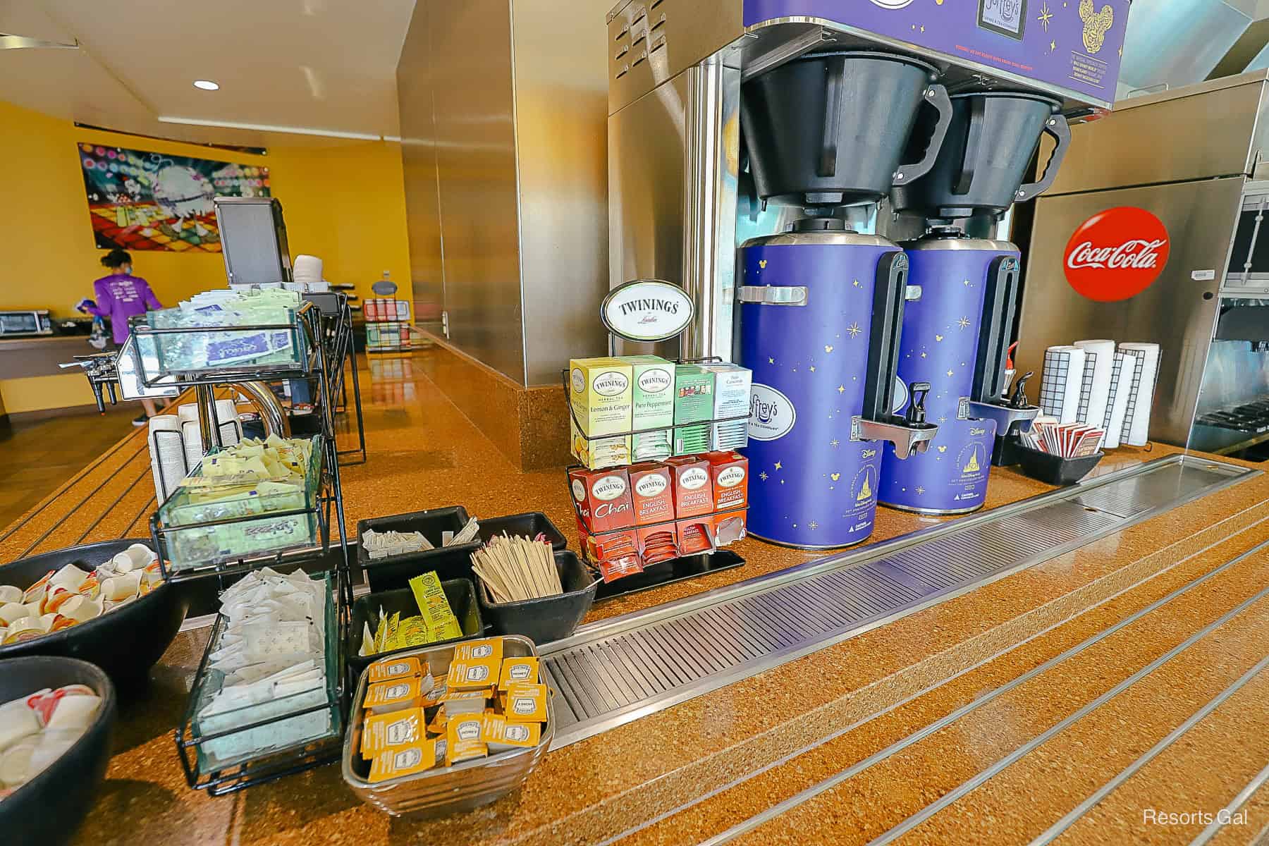 coffee, tea selection, and other condiments at Intermission Food Court 