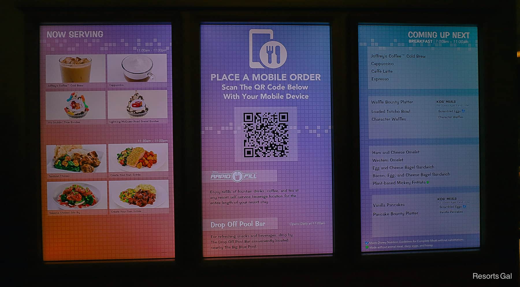 a menu board for the food court restaurant at Art of Animation Disney World 