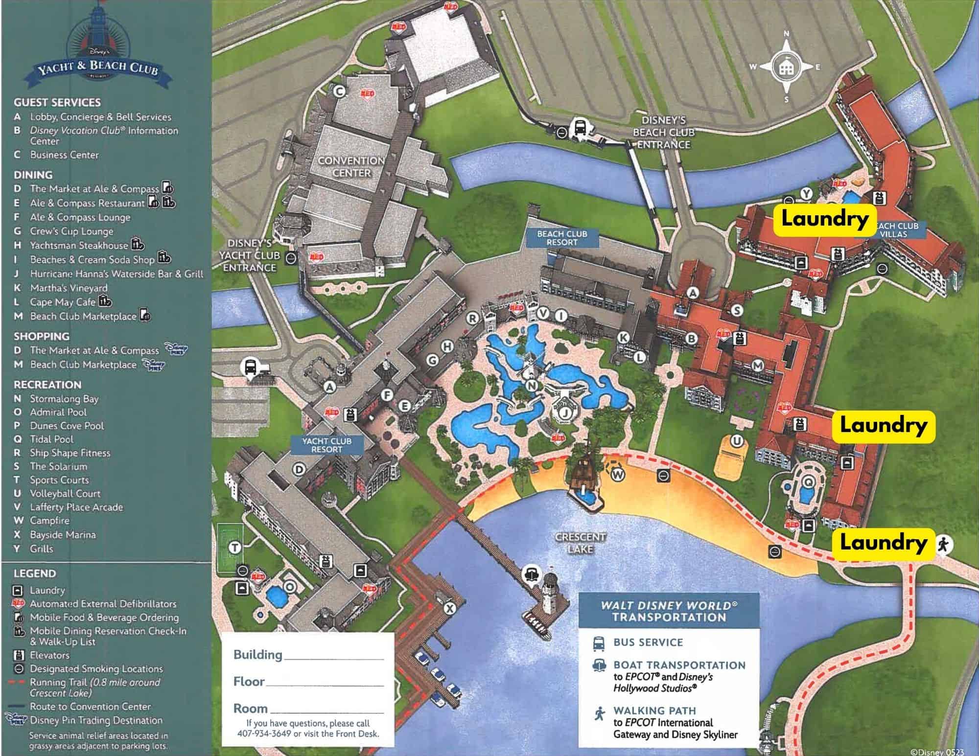 Disney Beach Club map with laundry locations 