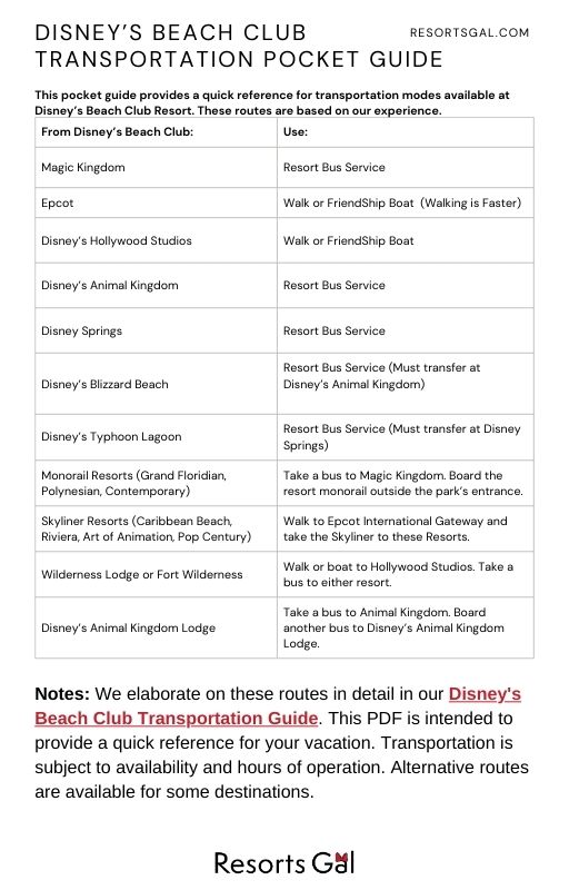 Disney's Beach Club Transportation Pocket Guide 