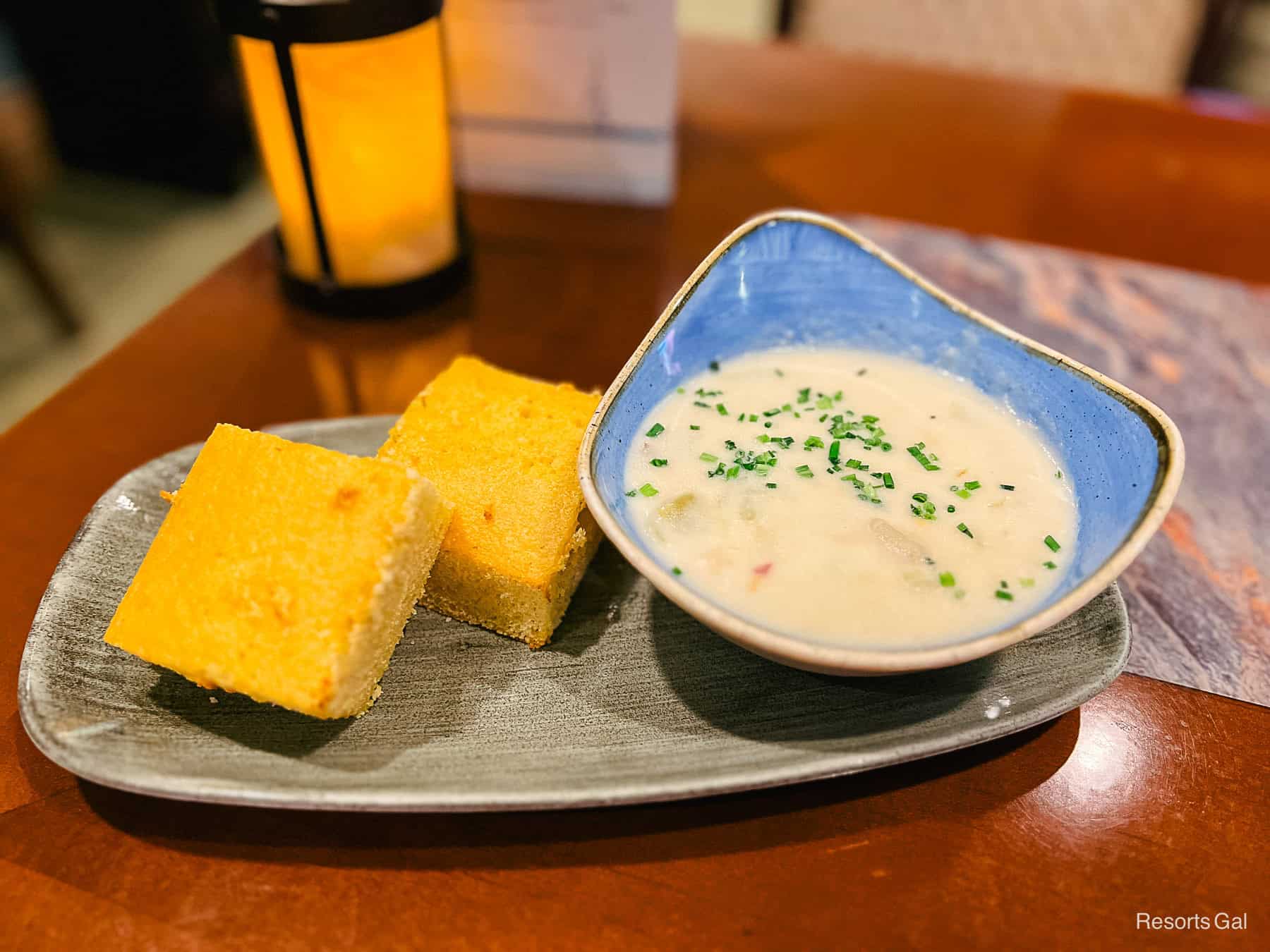 an order of clam chowder with cornbread from a restaurant at Disney's Beach Club 