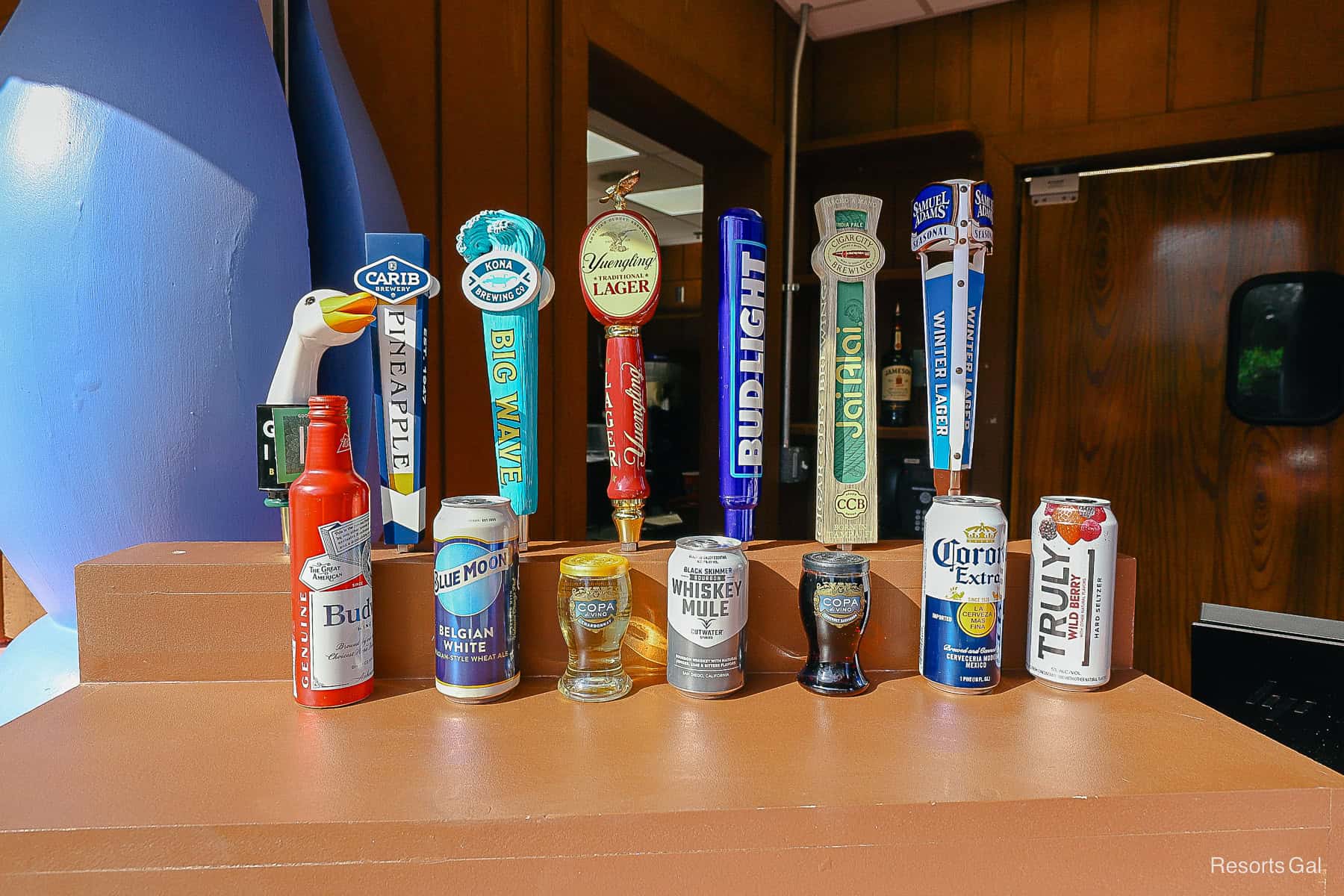 a display of the types of beer and seltzers available at Blizzard Beach on tap and in can 