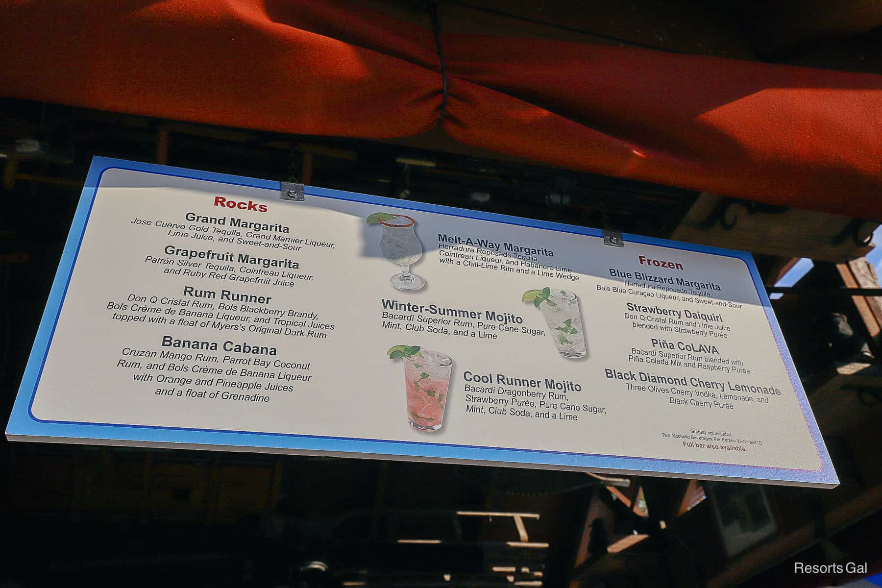 the specialty cocktail menu board for the wave pool bar at Blizzard Beach (Polar Pub) 