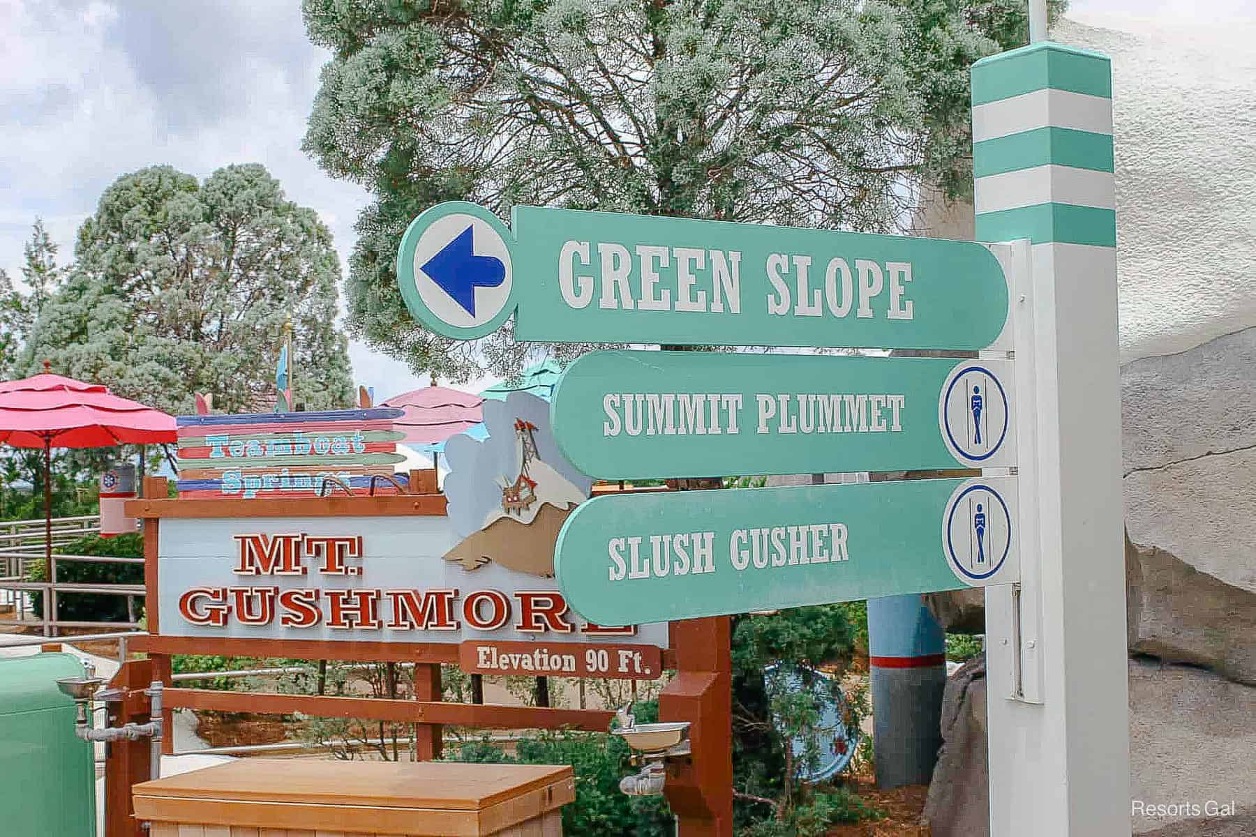 the green slopes attraction sign at Blizzard Beach 