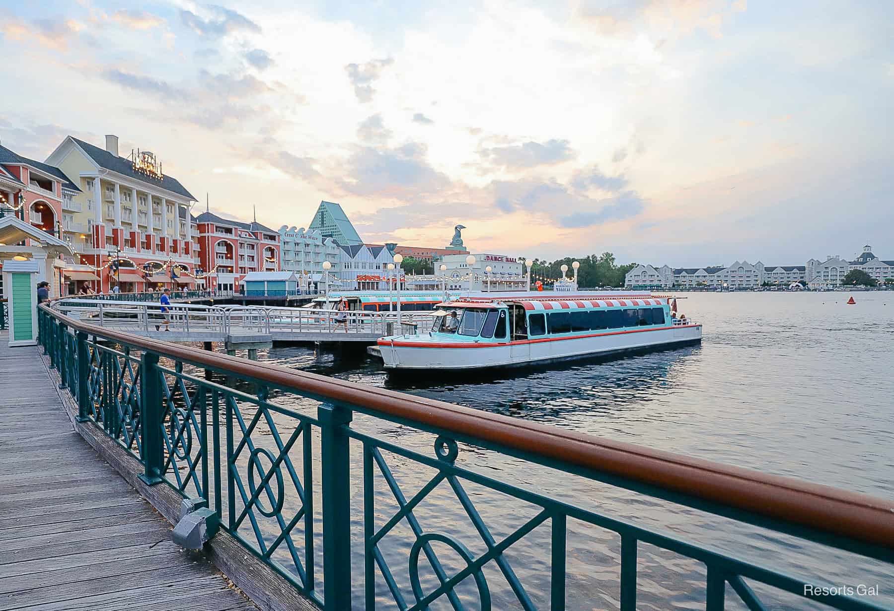 a view of the boat dock at Disney BoardWalk at sunset 