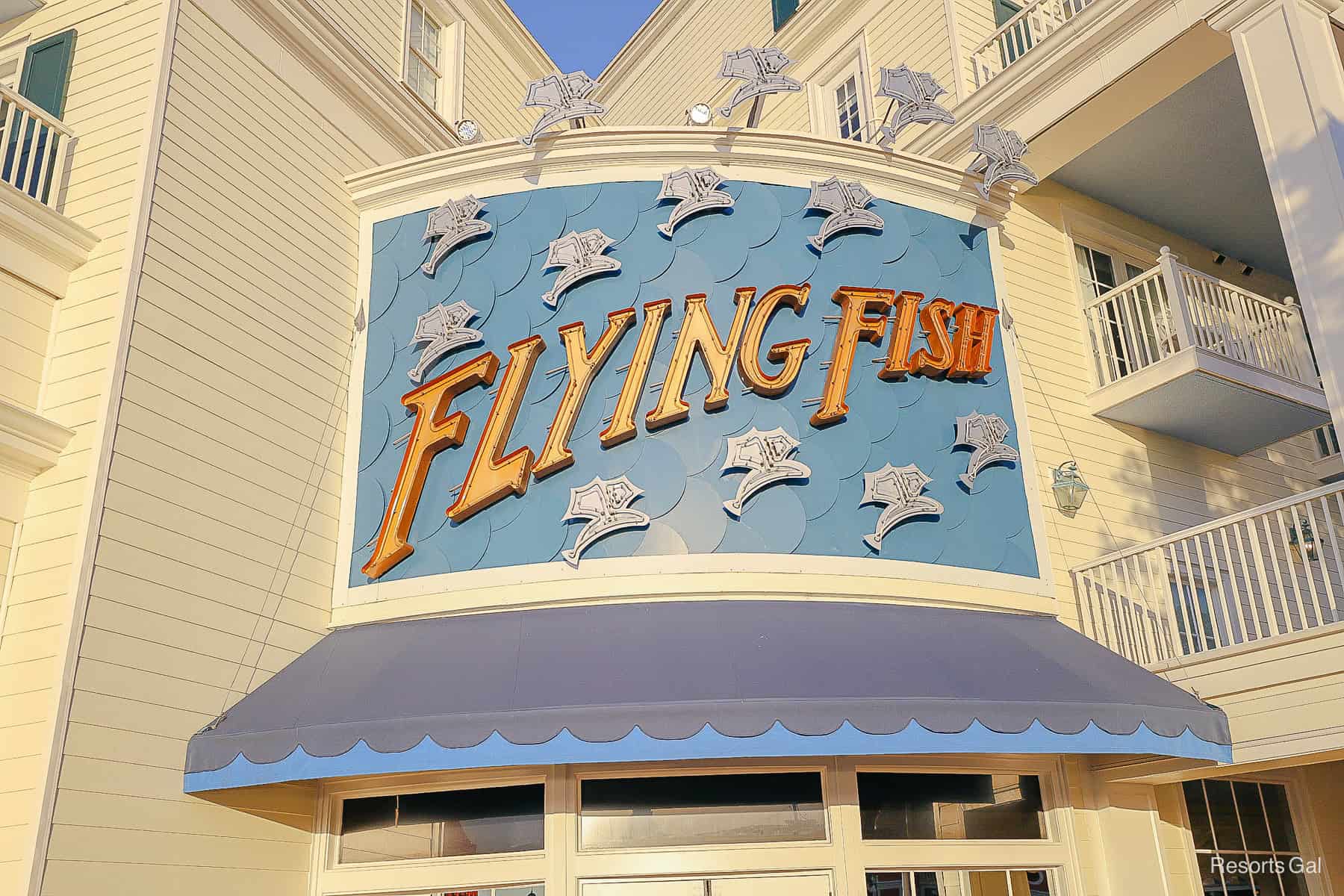 Flying Fish sign over the restaurants entrance at Disney's Boardwalk 