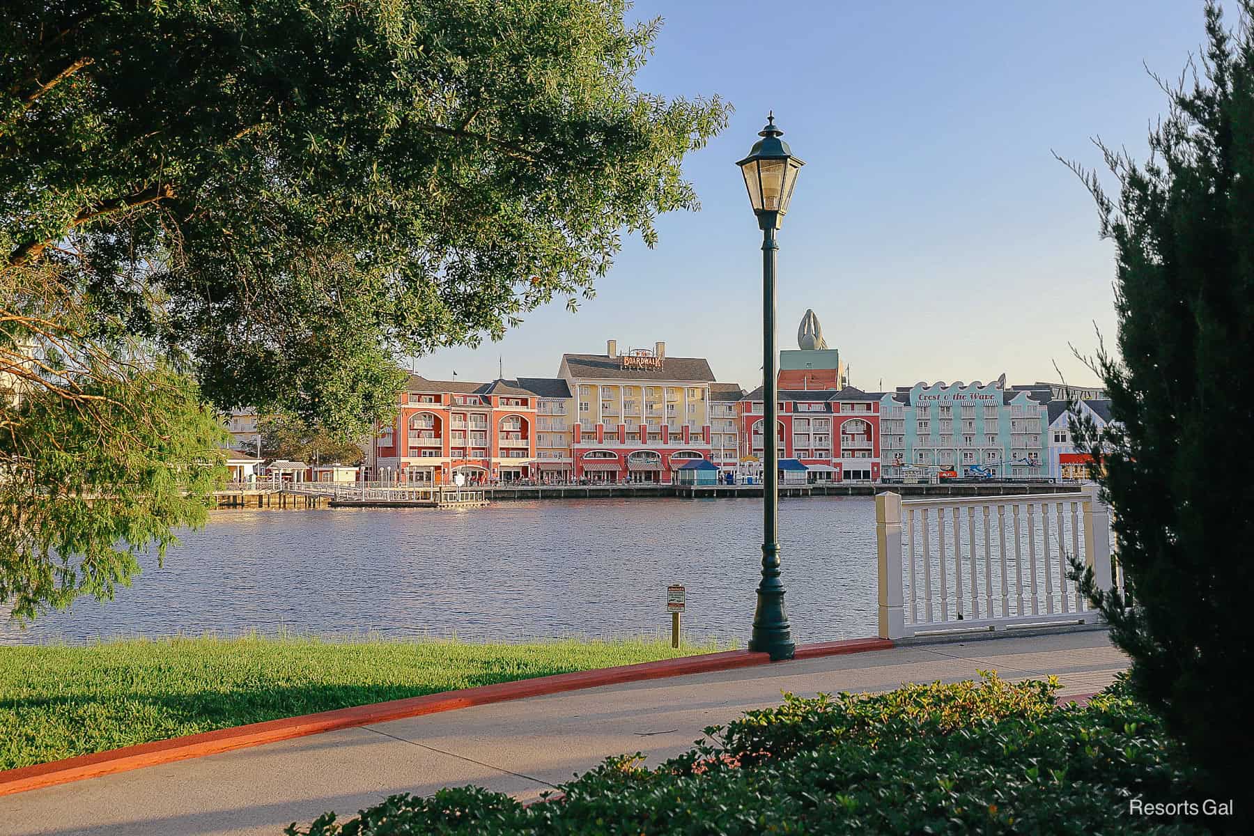 a pretty view of the Boardwalk Inn from Epcot 