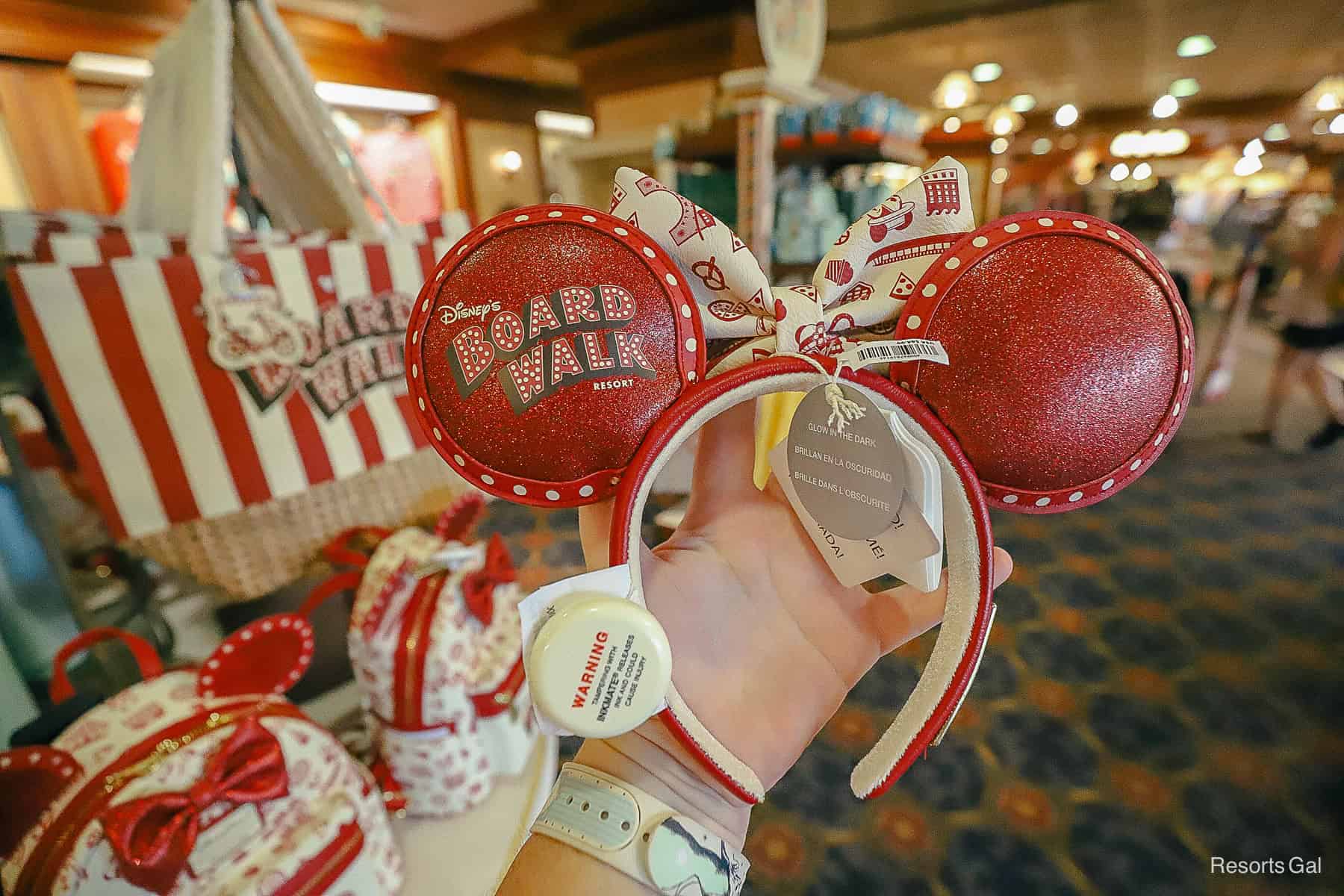 Boardwalk Resort Logo On Minnie Ears with red glitter sparkles 