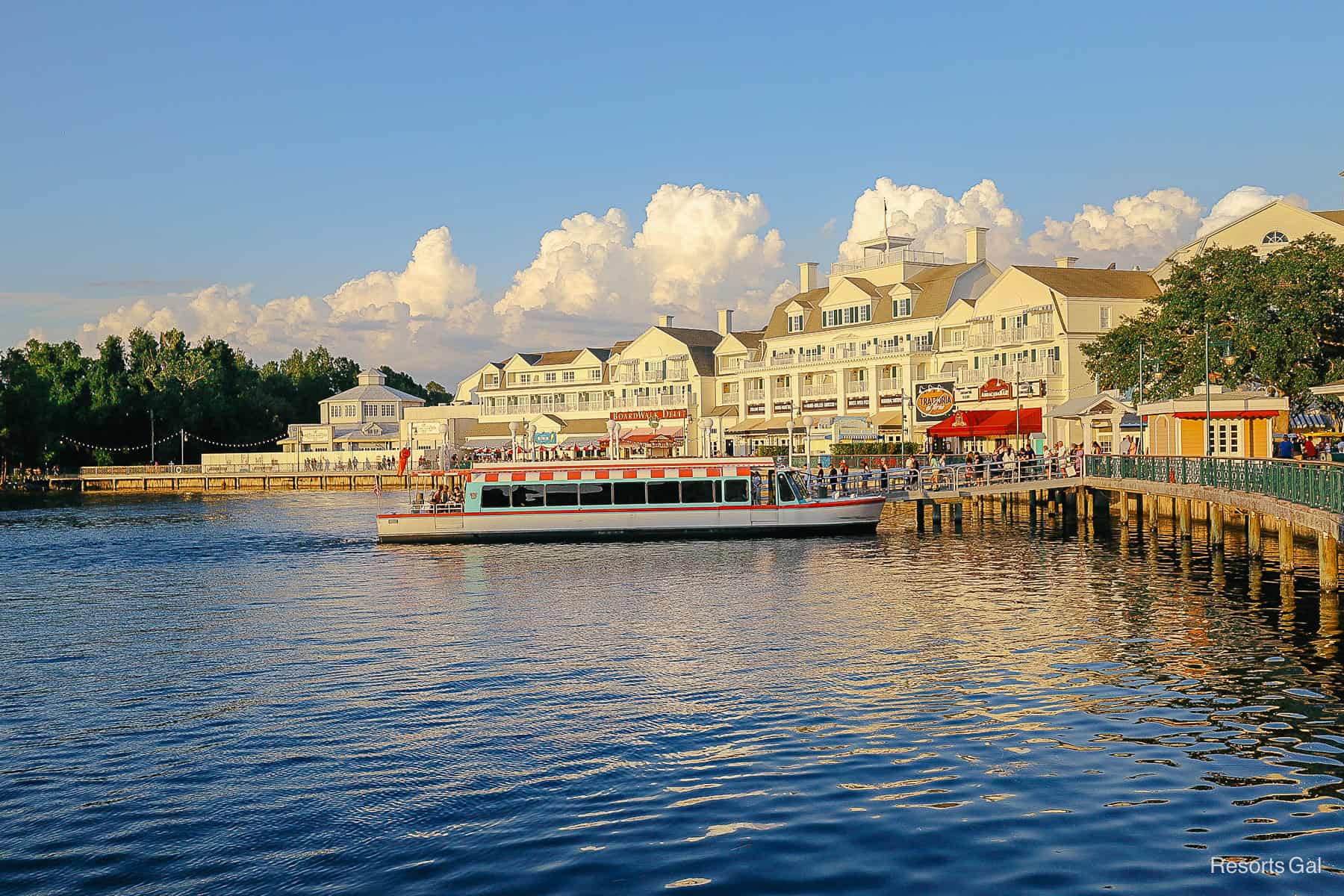 a view of Disney's Boardwalk Resort at sunset 