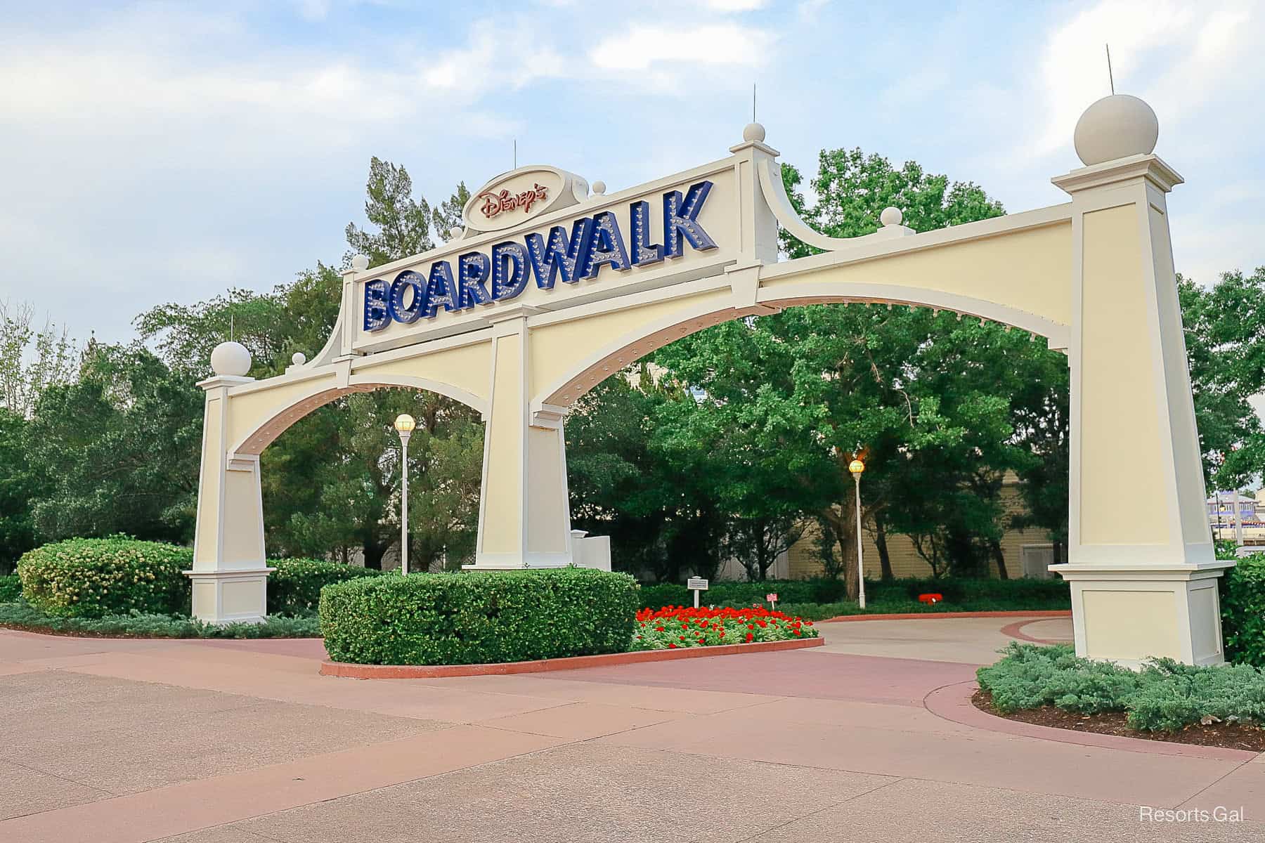 Disney's Boardwalk sign with letters in blue and light bulbs