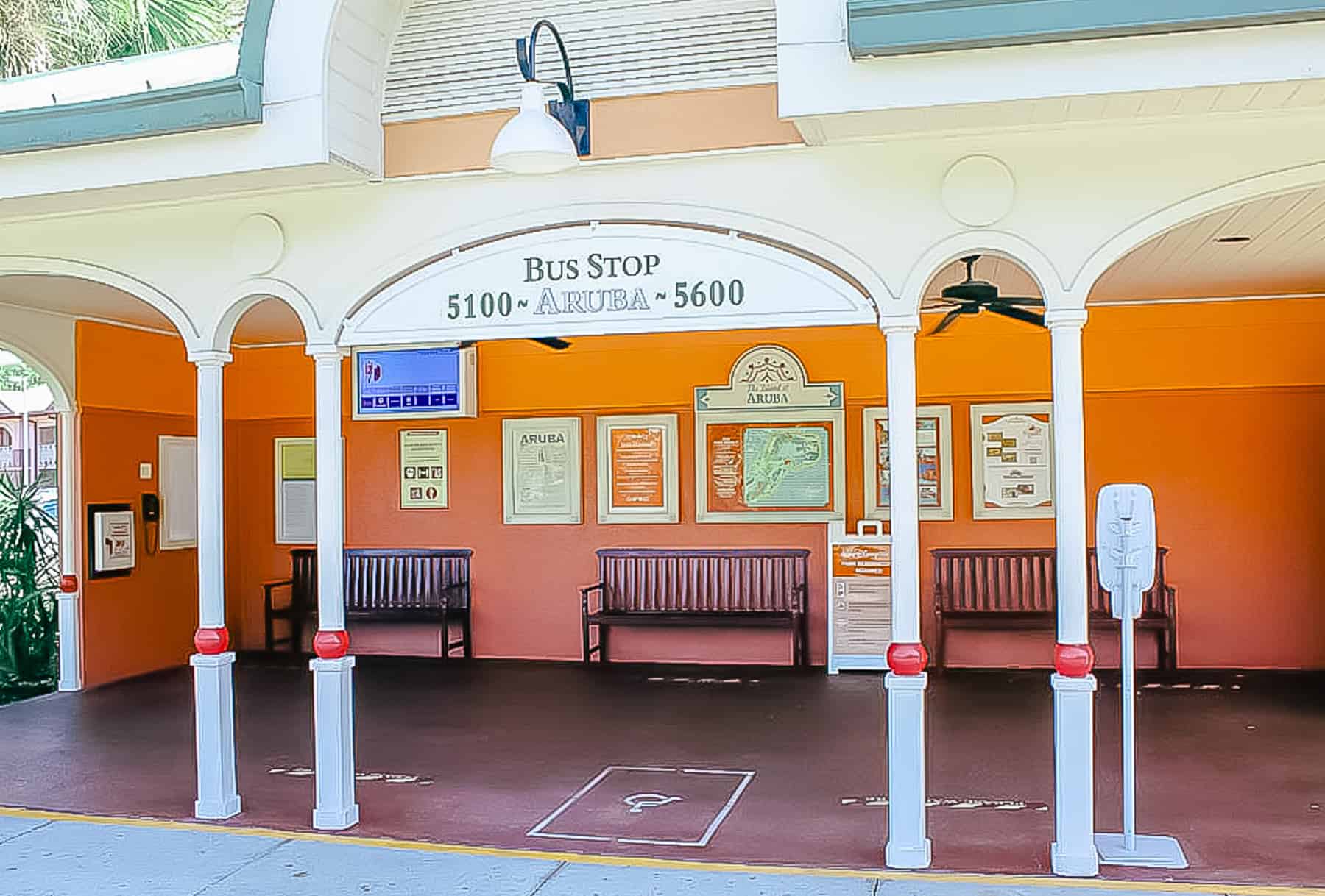 the bus stop at the Aruba area of Disney's Caribbean Beach Resort 