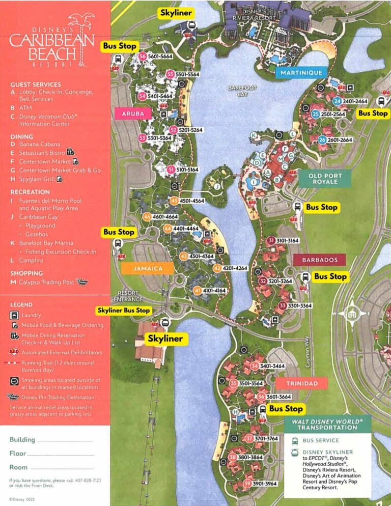 Disney's Caribbean Beach Transportation Map (With Destinations)