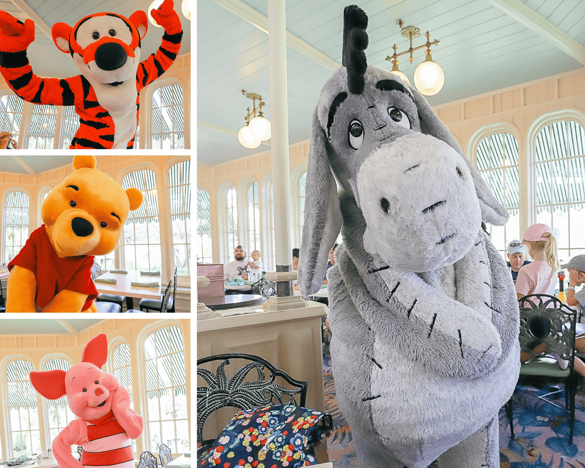 a collage of characters from The Crystal Palace restaurant  with Tigger, Winnie the Pooh, Eeyore, and Piglet 