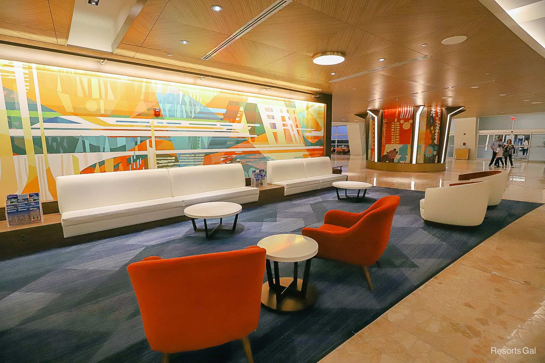 the lobby of Disney's Contemporary Resort with Mary Blair inspired artwork 