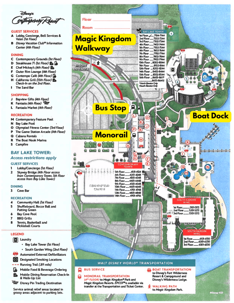 Disney's Contemporary Resort Transportation Map (With Destinations)