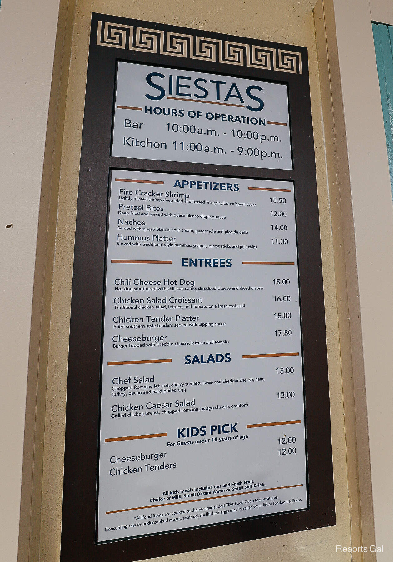 the menu at Siestas Pool Bar at Coronado Springs 