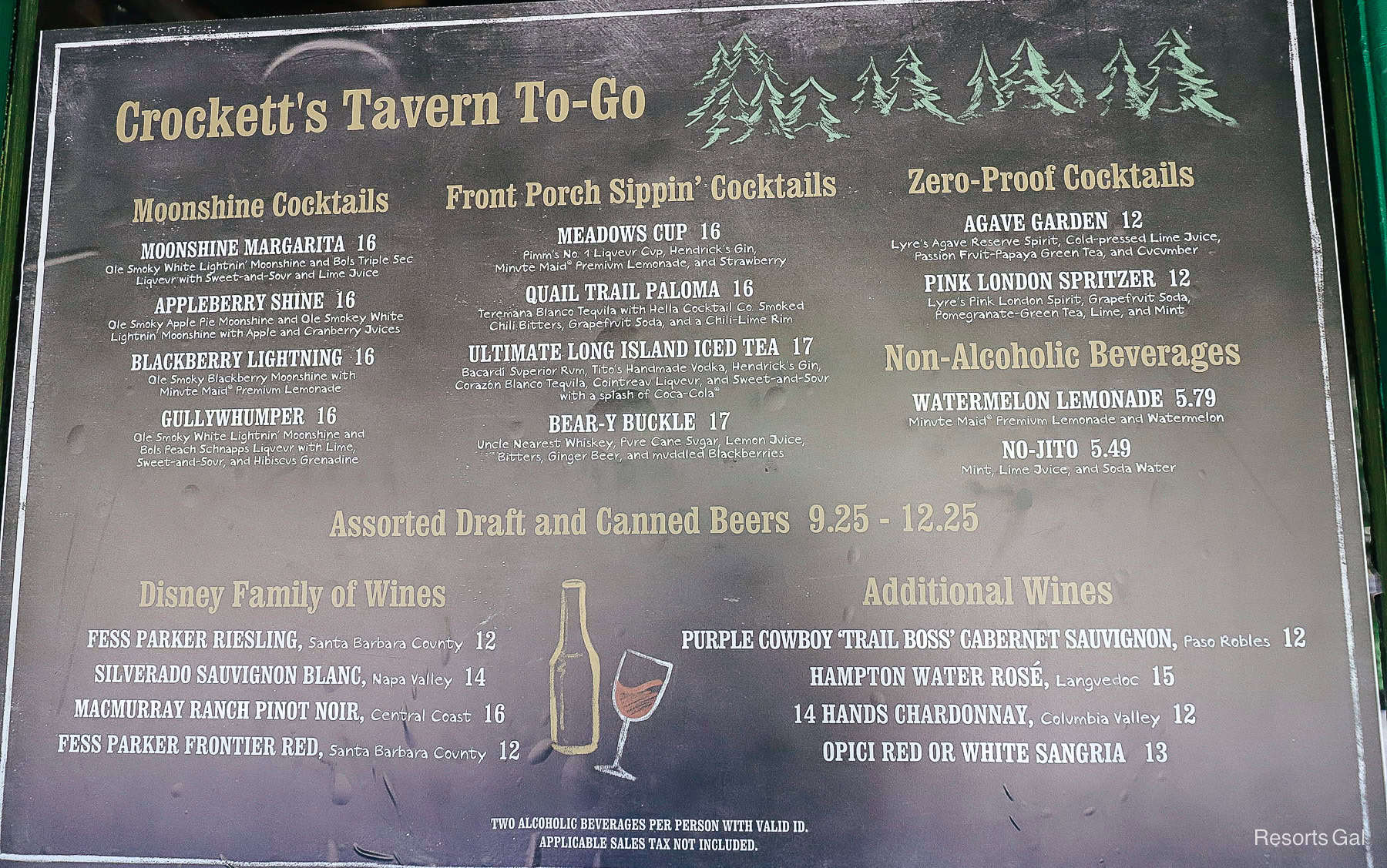 Crockett's Tavern To-Go Menu Board