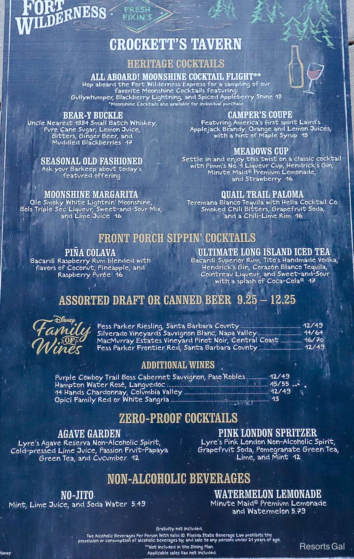 Crockett's Tavern Cocktail Menu Board 