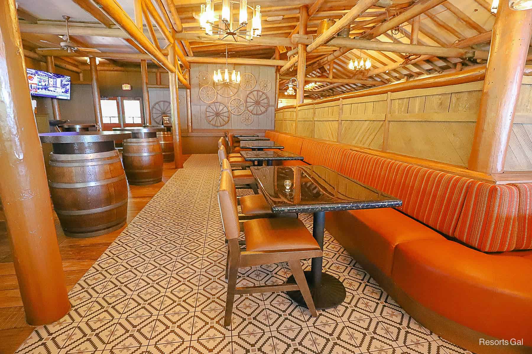 seating areas inside Crockett's Tavern at Fort Wilderness 