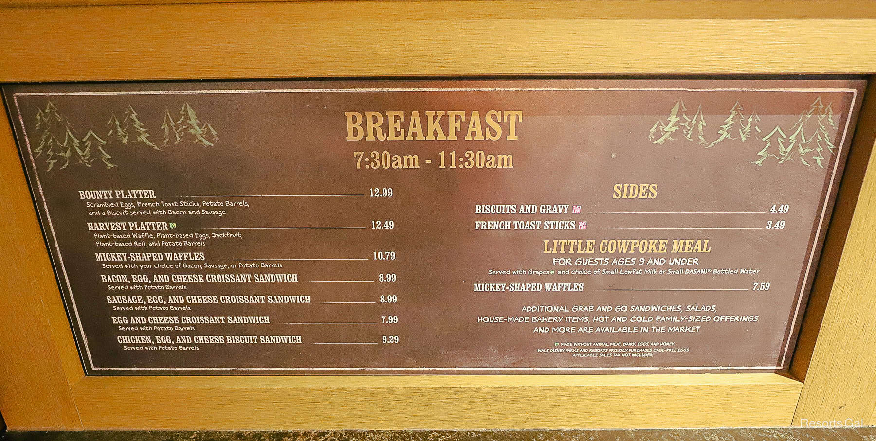 breakfast menu board at Trail's End Restaurant 