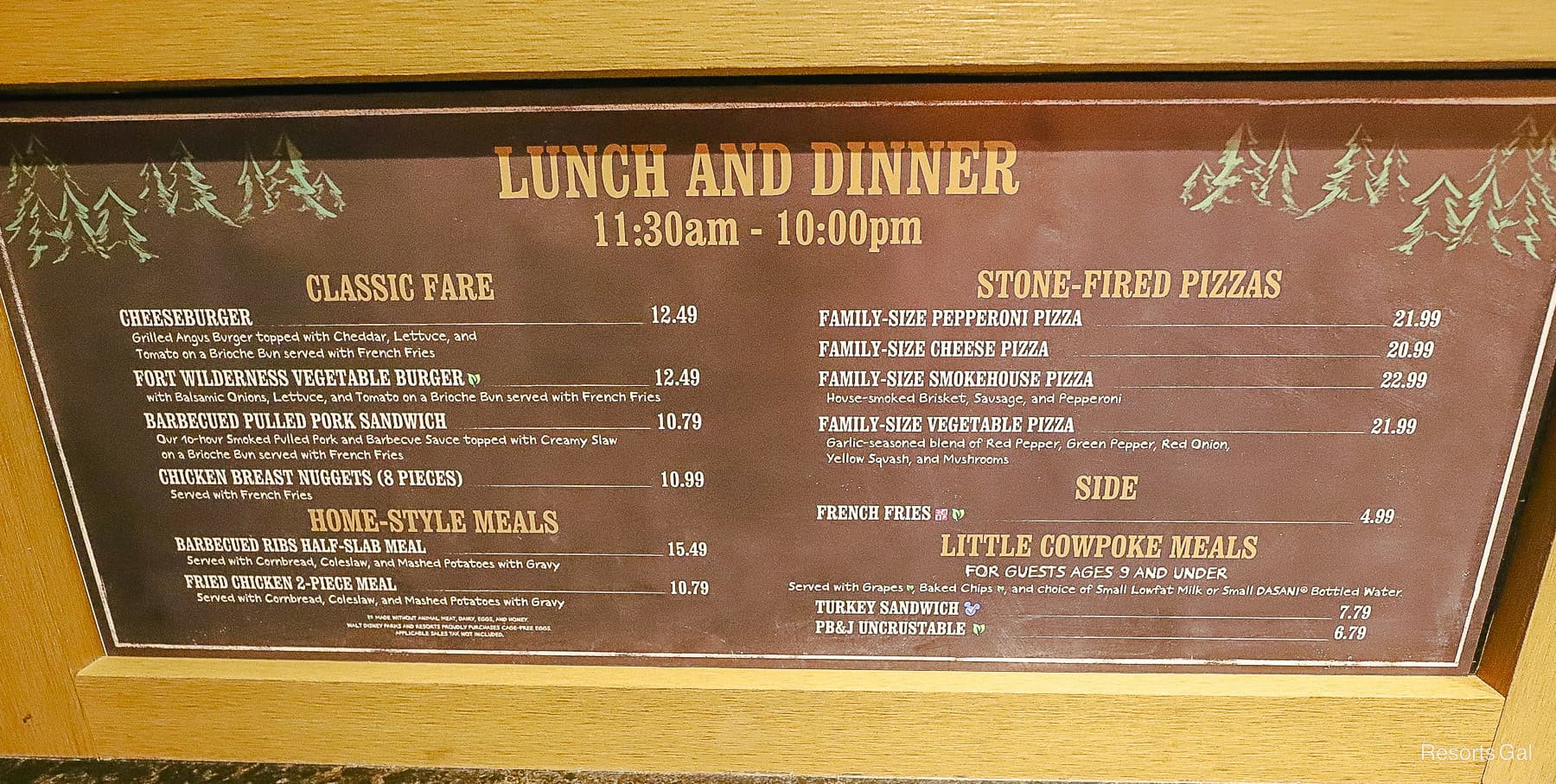 lunch and dinner menu board at Trail's End Restaurant 