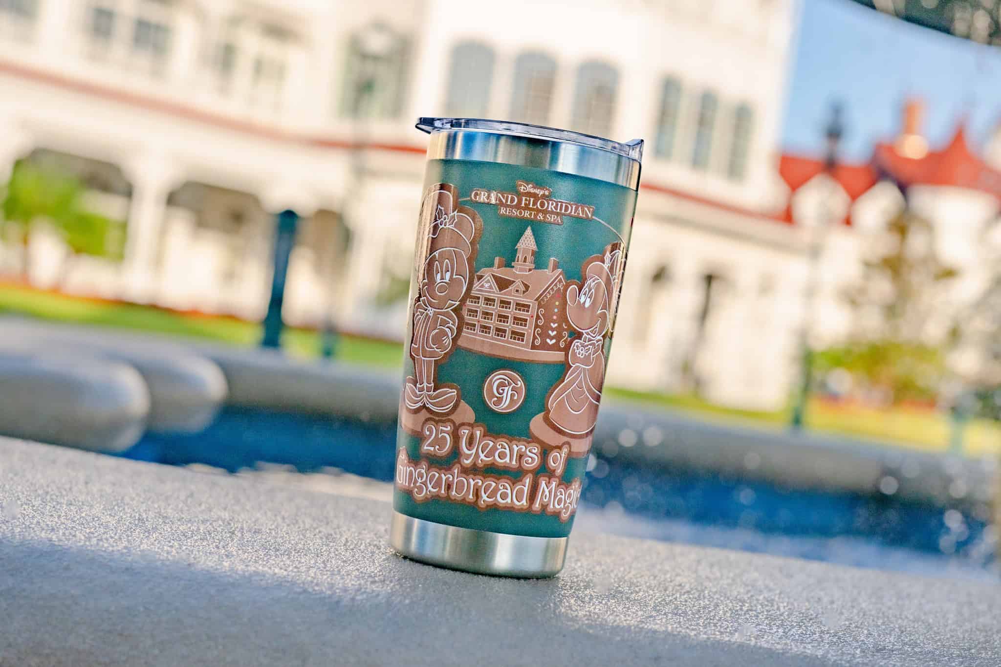 tumbler in green with Mickey and Minnie at the Grand Floridian for the gingerbread house's 25th anniversary 