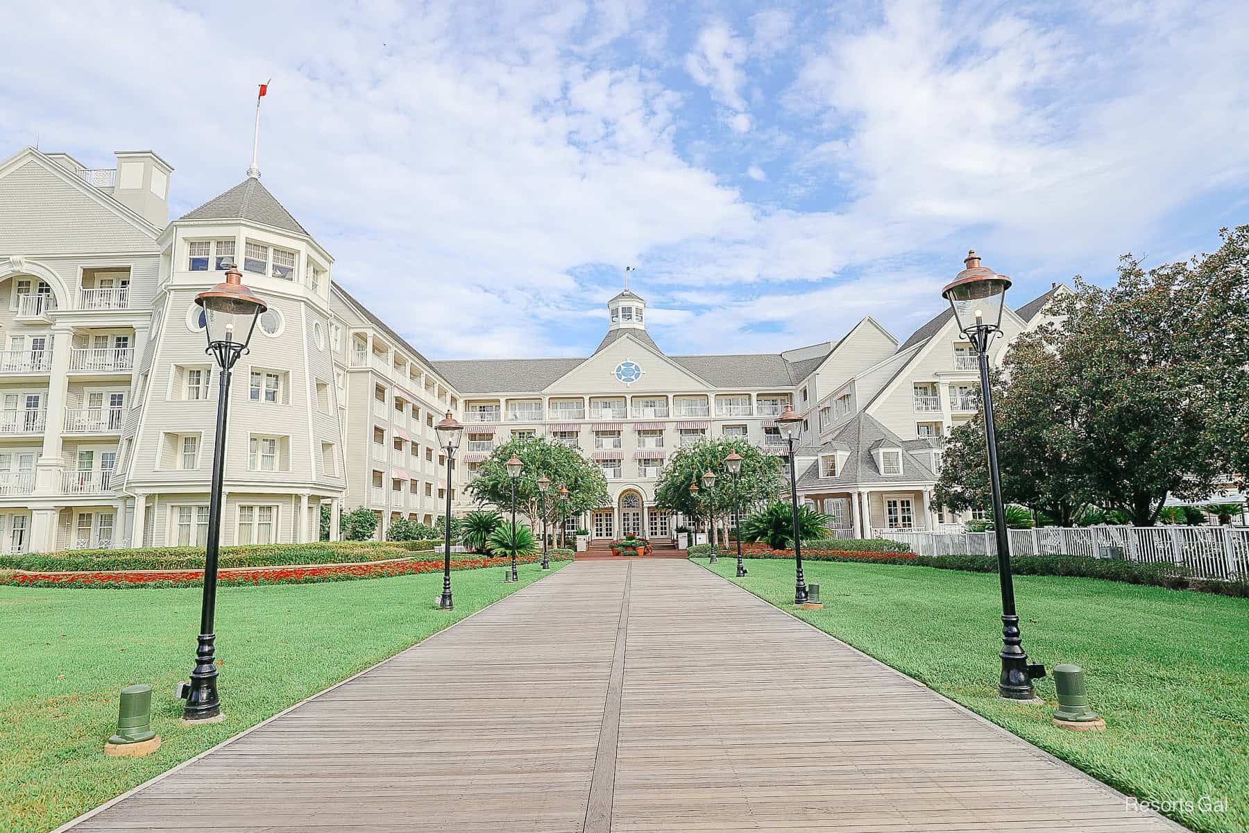 the wooden walkway leading to Disney's Yacht Club Resort 