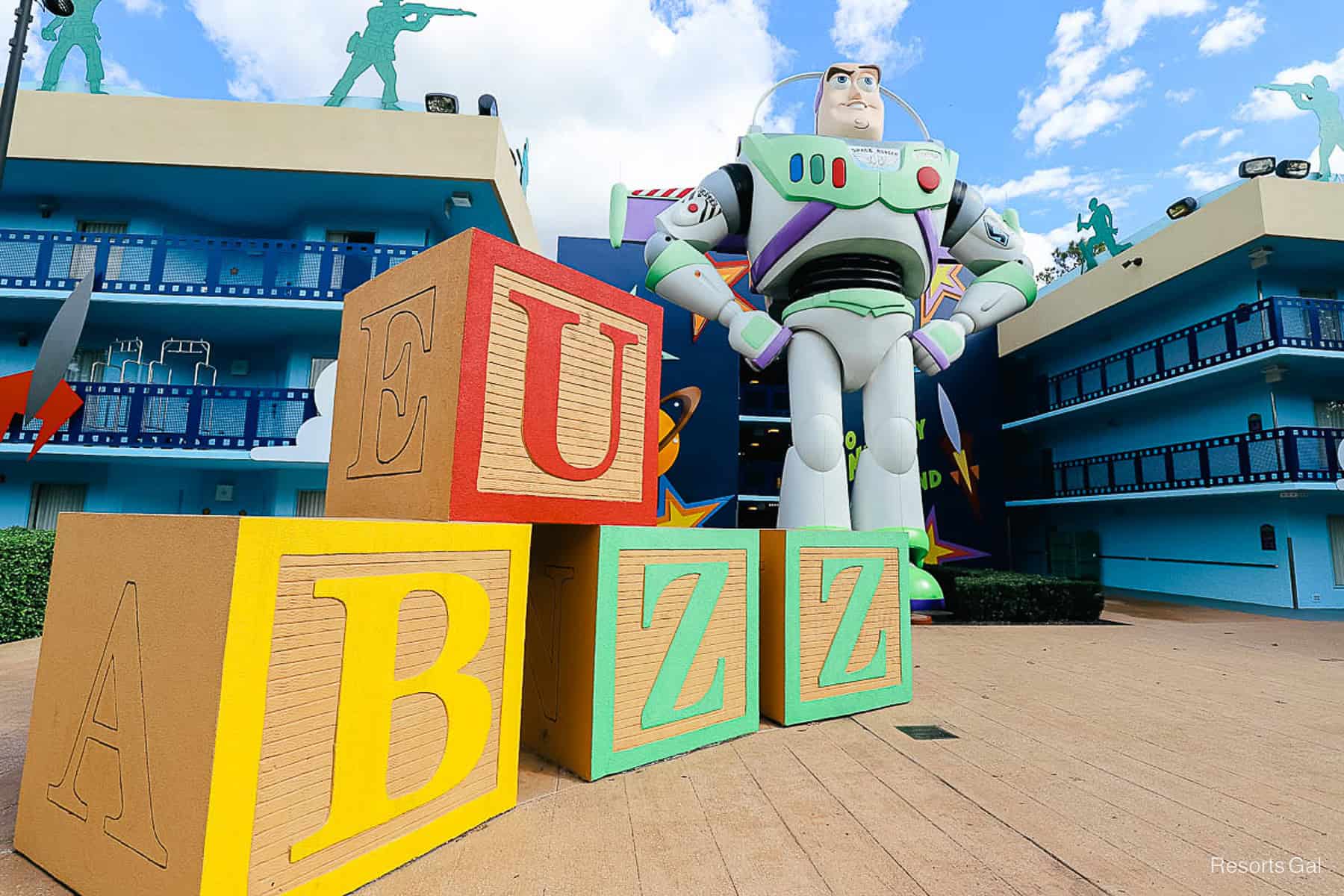 Buzz Lightyear with blocks in a resort area 