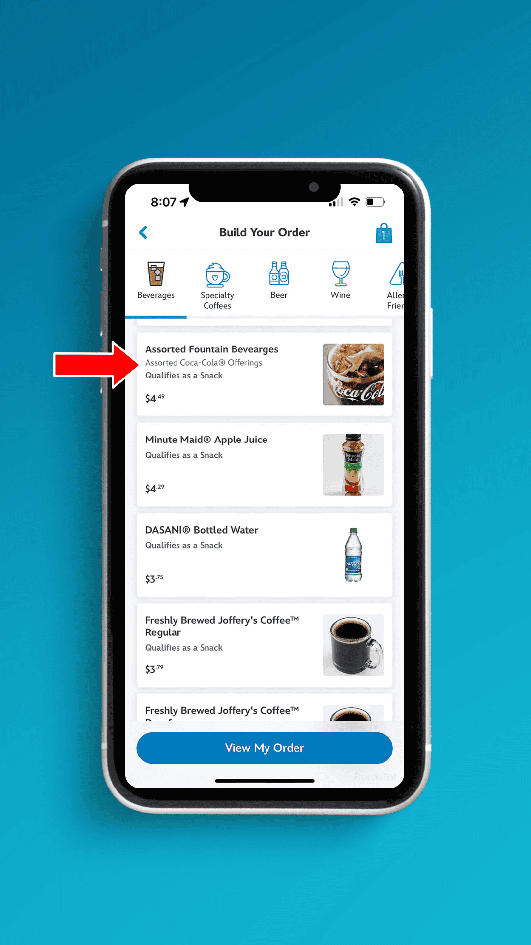 an arrow pointing to where to add beverages to your mobile order in the My Disney Experience app 