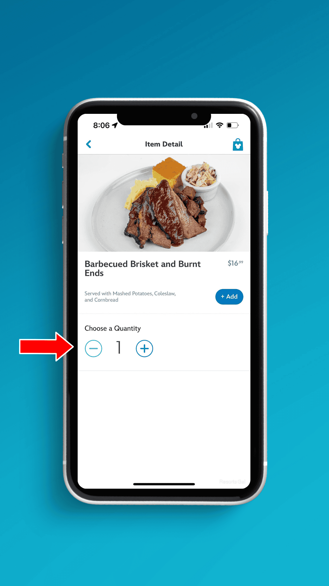 an arrow showing where to add an item to your mobile order