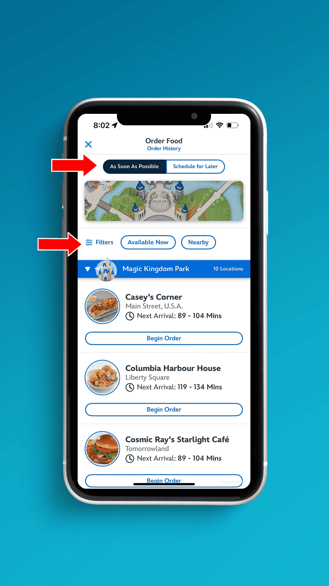 the mobile order home screen in the My Disney Experience app for Walt Disney World 