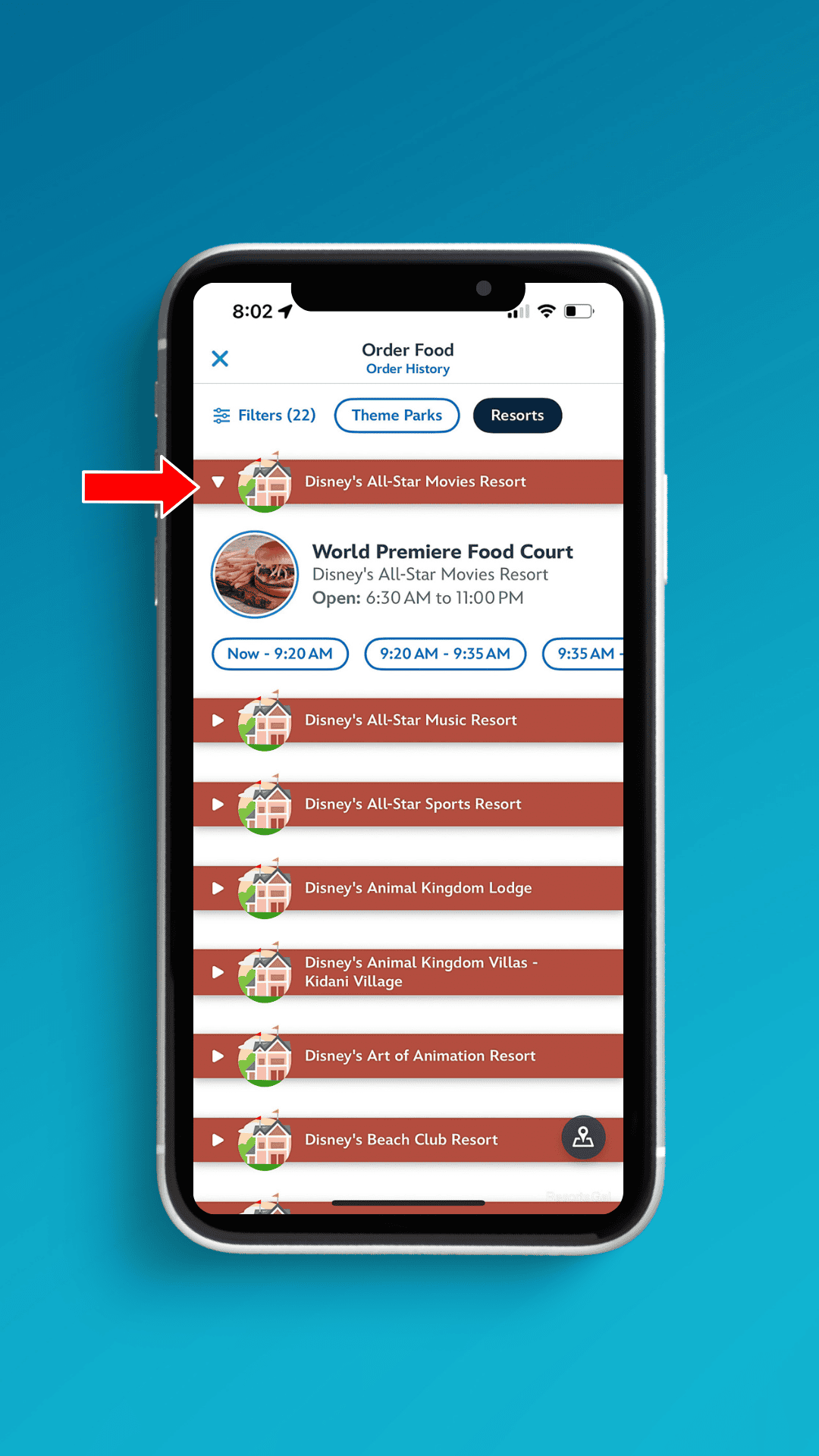 a list of restaurants in the app that offer mobile orders